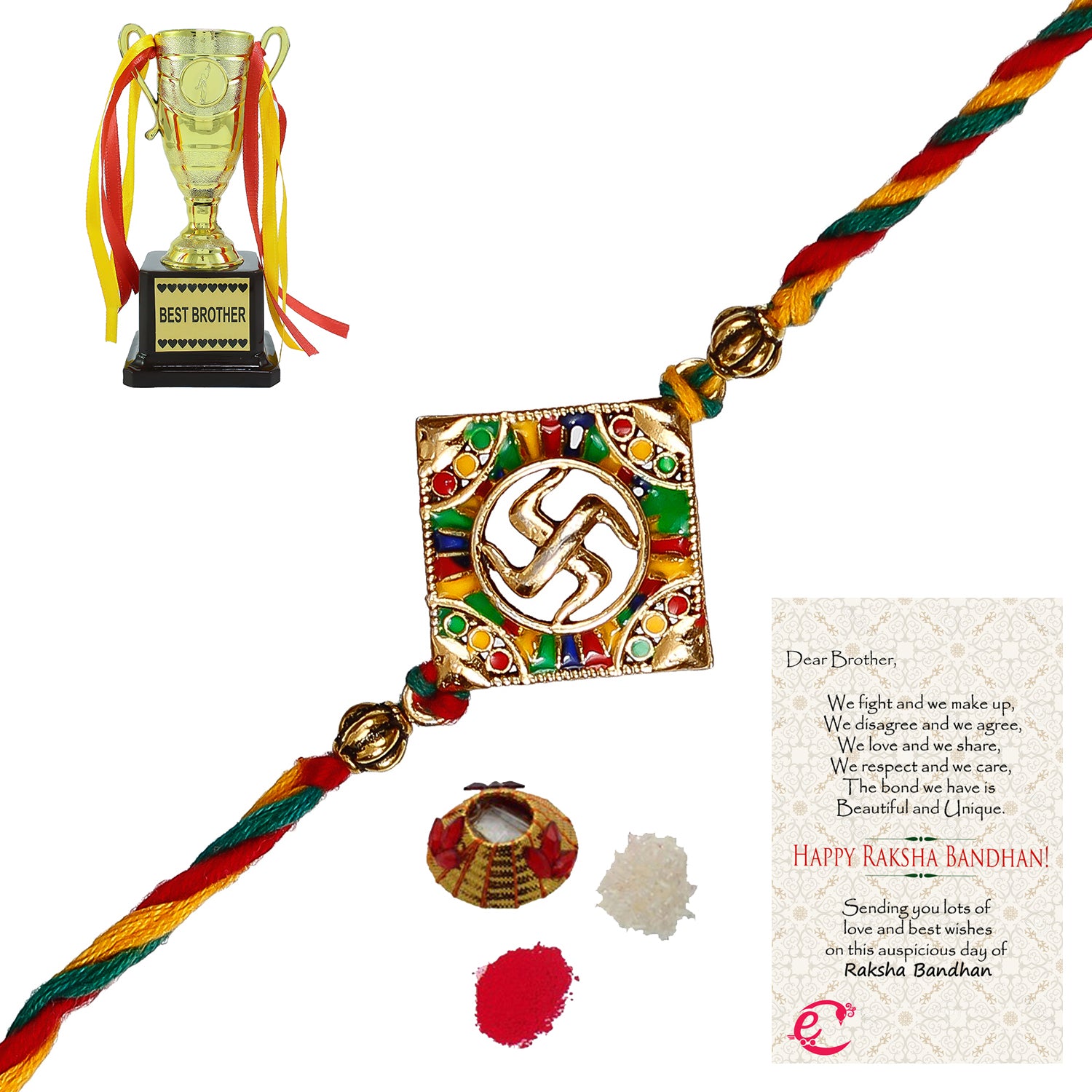 Designer Religious Swastik Rakhi with Best Brother Trophy and Roli Tikka Matki, Best Wishes Greeting Card