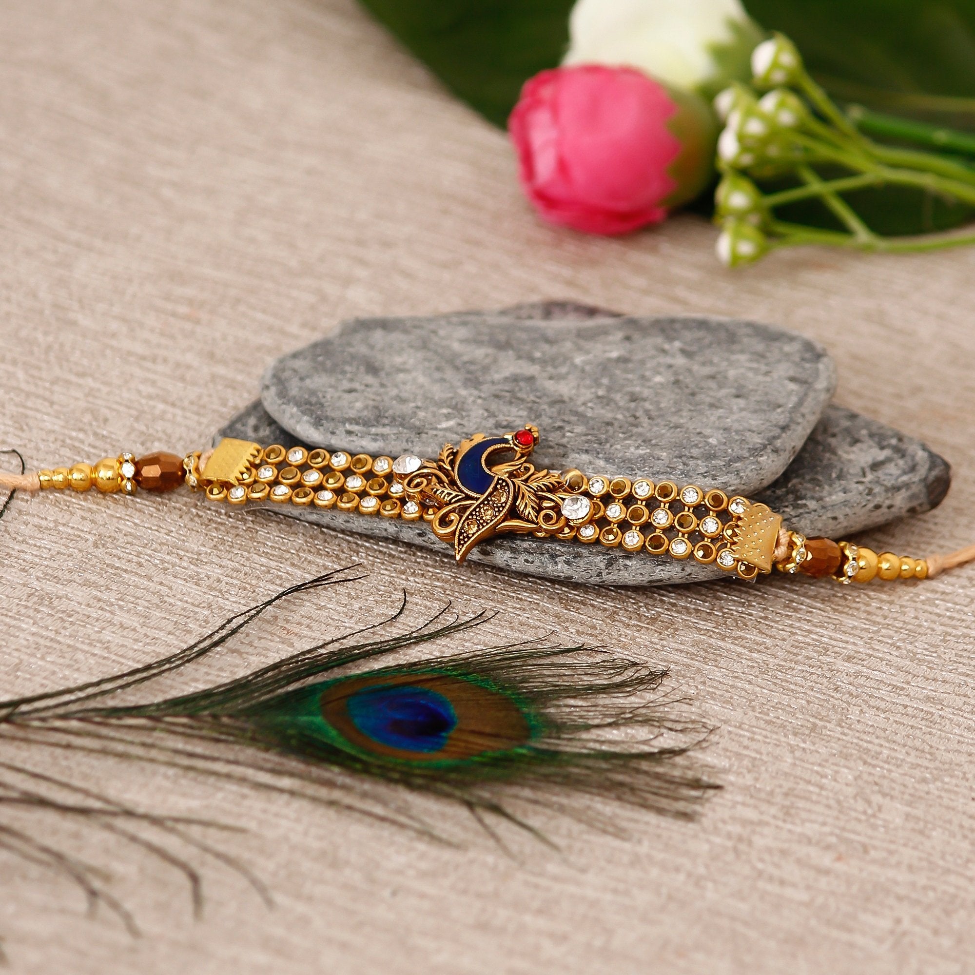 Designer Peacock Rakhi with Badam and Cashew (200 gm each, total 400 gm) and Roli Chawal Pack, Best Wishes Greeting Card 1