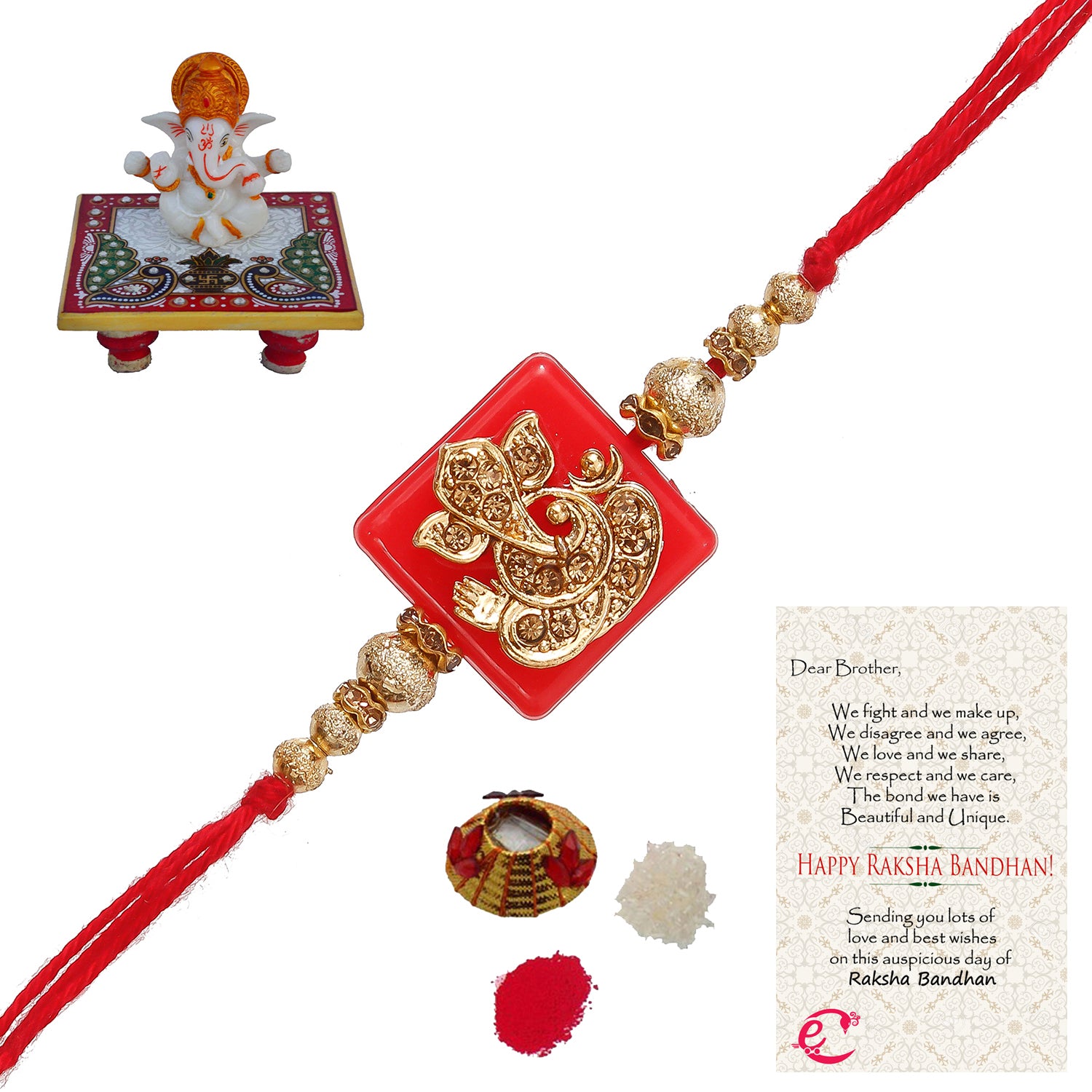 Designer Religious Ganesha Rakhi with Lord Ganesha Marble Chowki and Roli Tikka Matki, Best Wishes Greeting Card