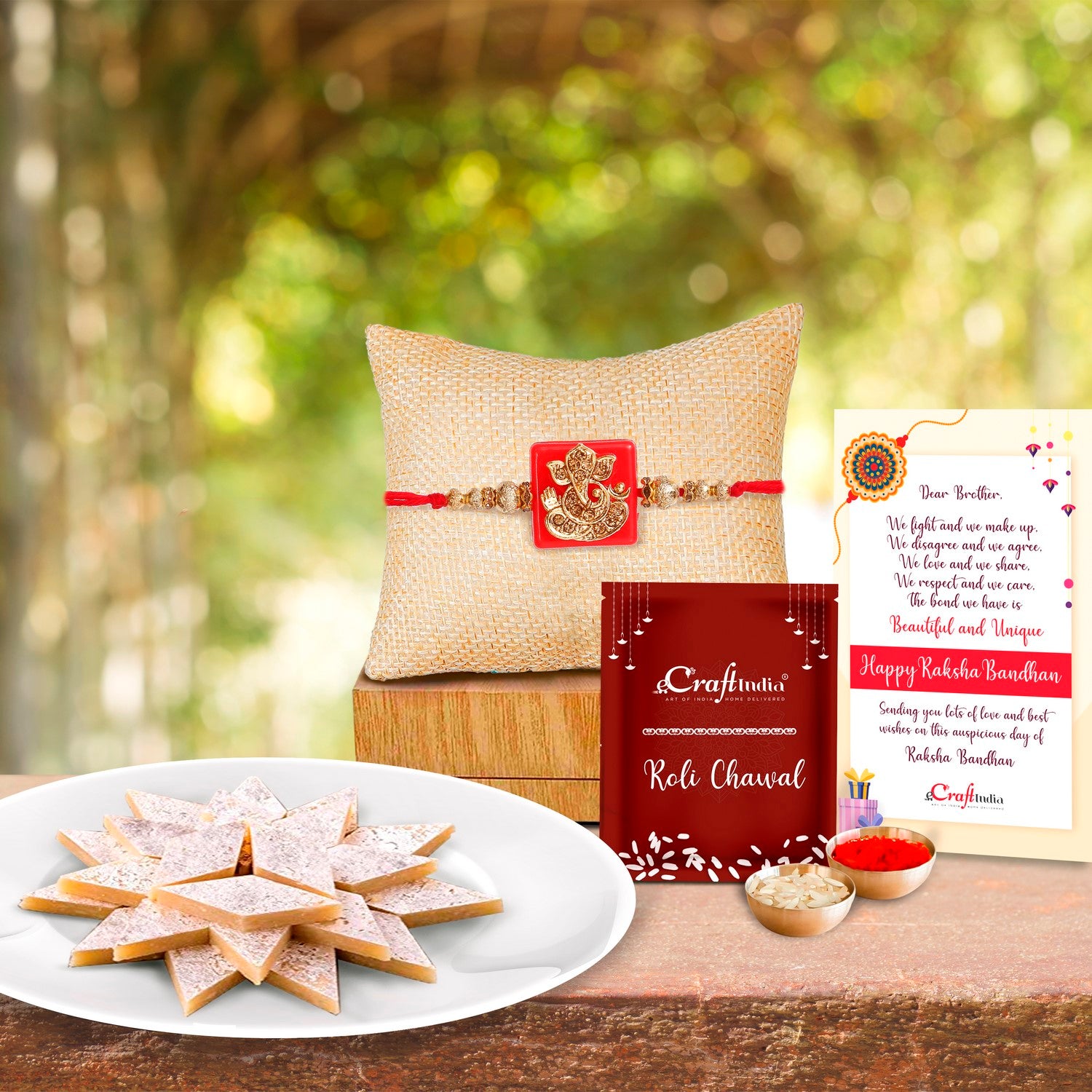 Designer Religious Ganesha Rakhi with Kaju Katli (500 Gm) and Roli Chawal Pack, Best Wishes Greeting Card