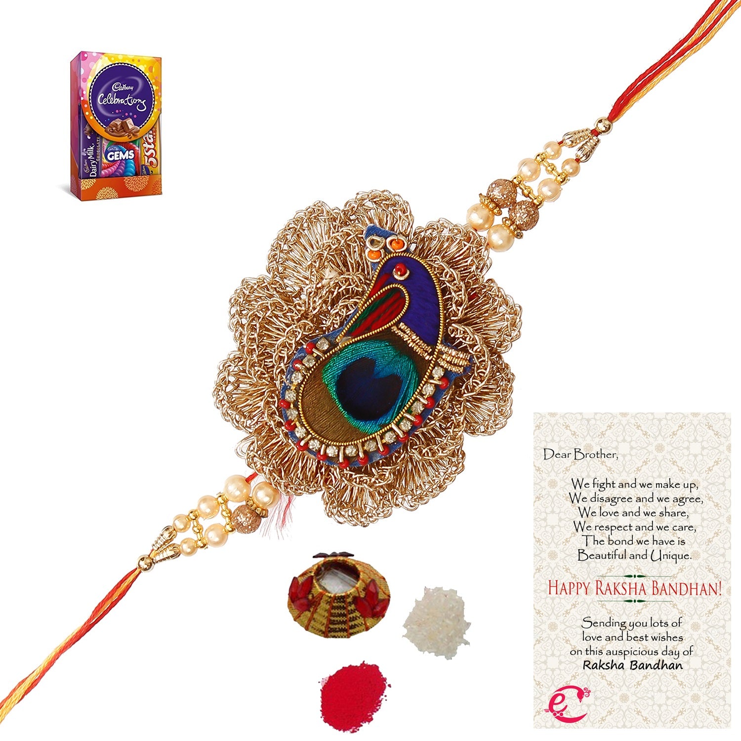 Designer Peacock Rakhi with Cadbury Celebrations Gift Pack of 5 Assorted Chocolates and Roli Tikka Matki, Best Wishes Greeting Card