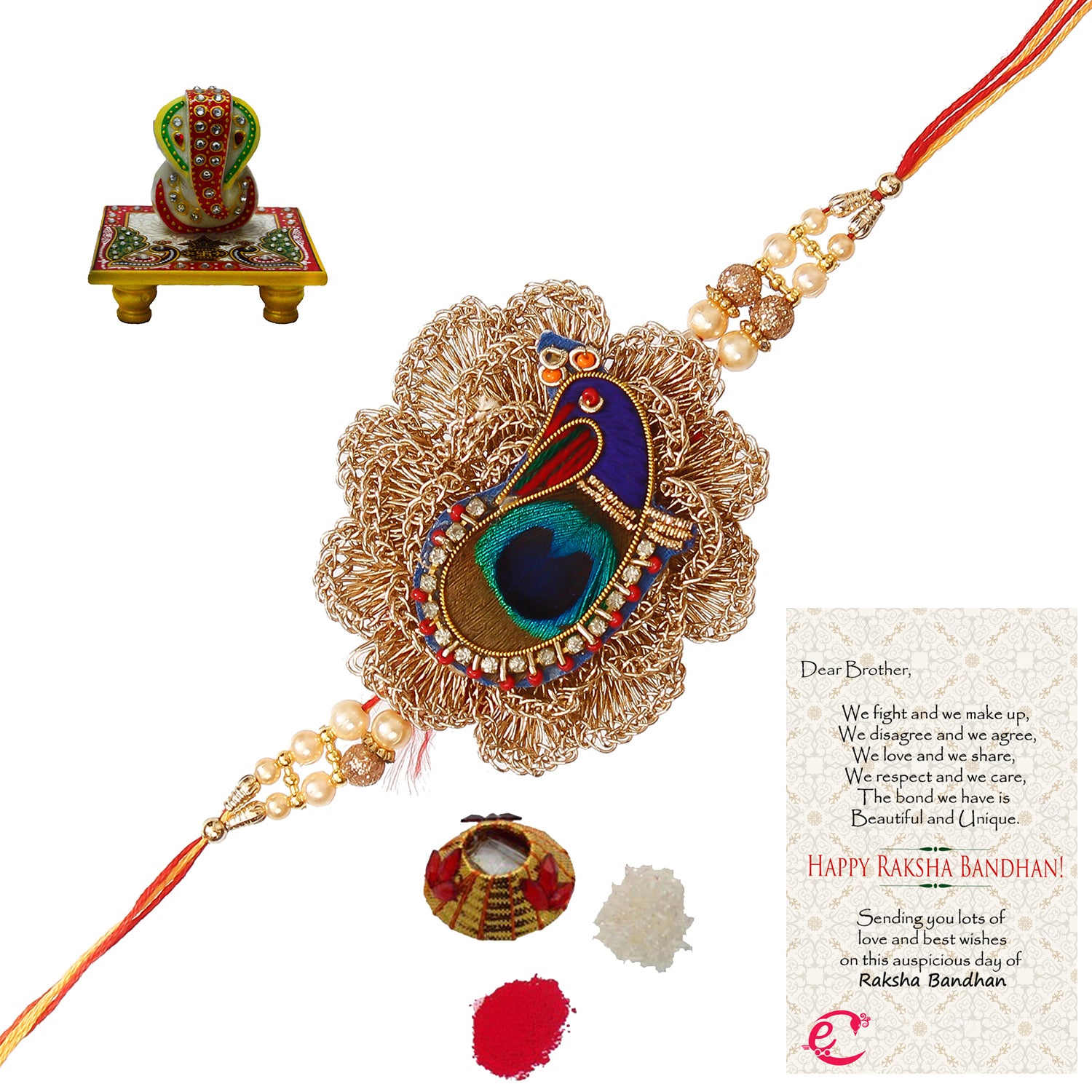 Designer Peacock Rakhi with Lord Ganesha on Marble Chowki and Roli Tikka Matki, Best Wishes Greeting Card