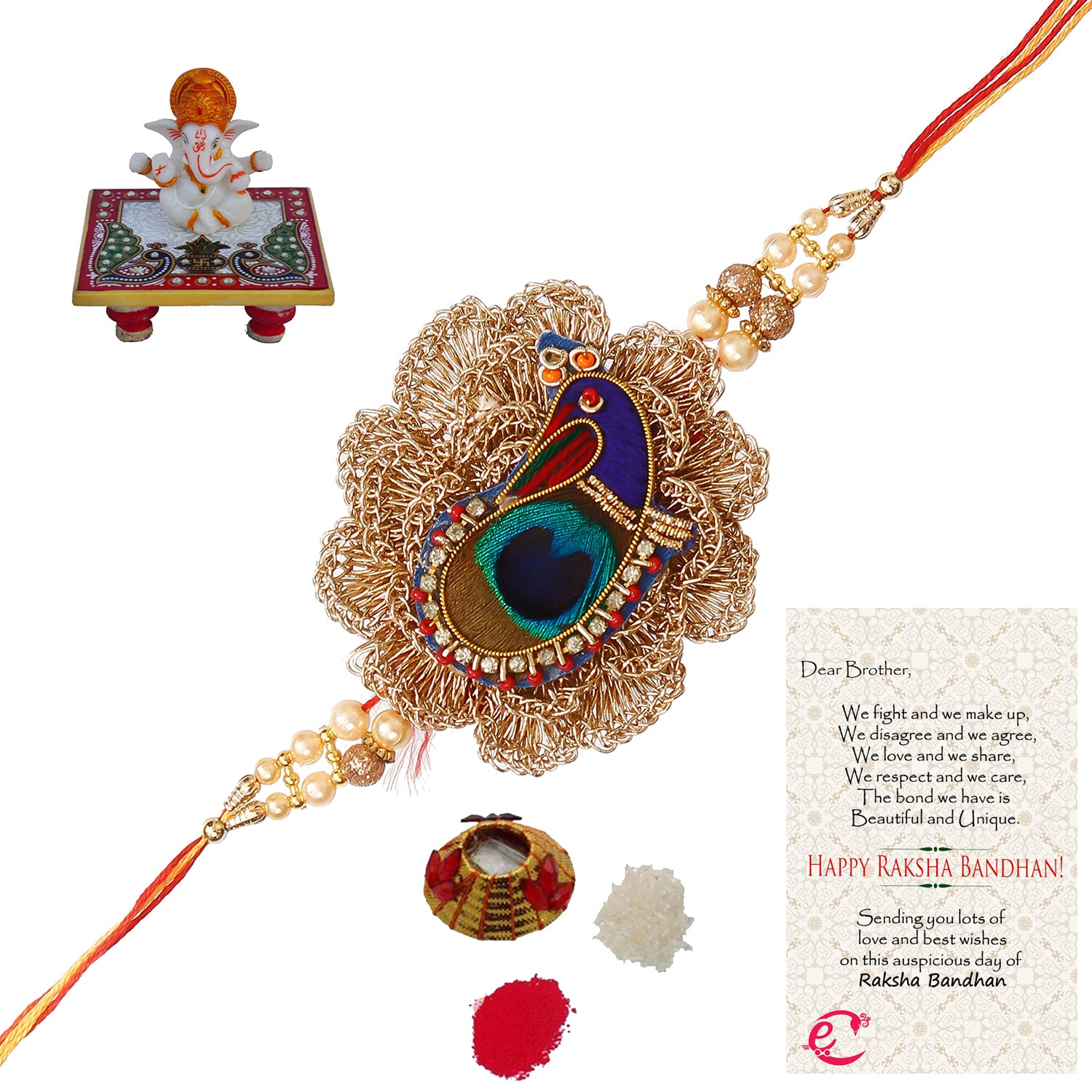 Designer Peacock Rakhi with Lord Ganesha Marble Chowki and Roli Tikka Matki, Best Wishes Greeting Card