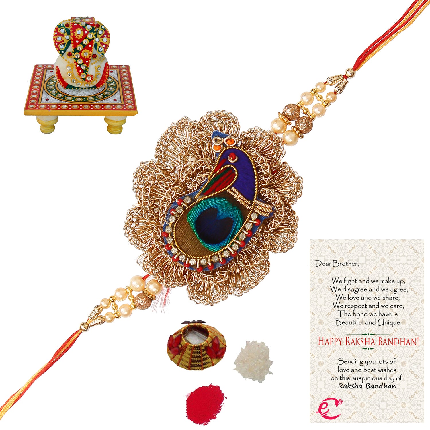 Designer Peacock Rakhi with Lord Ganesha on Kundan Studded Marble Chowki and Roli Tikka Matki, Best Wishes Greeting Card