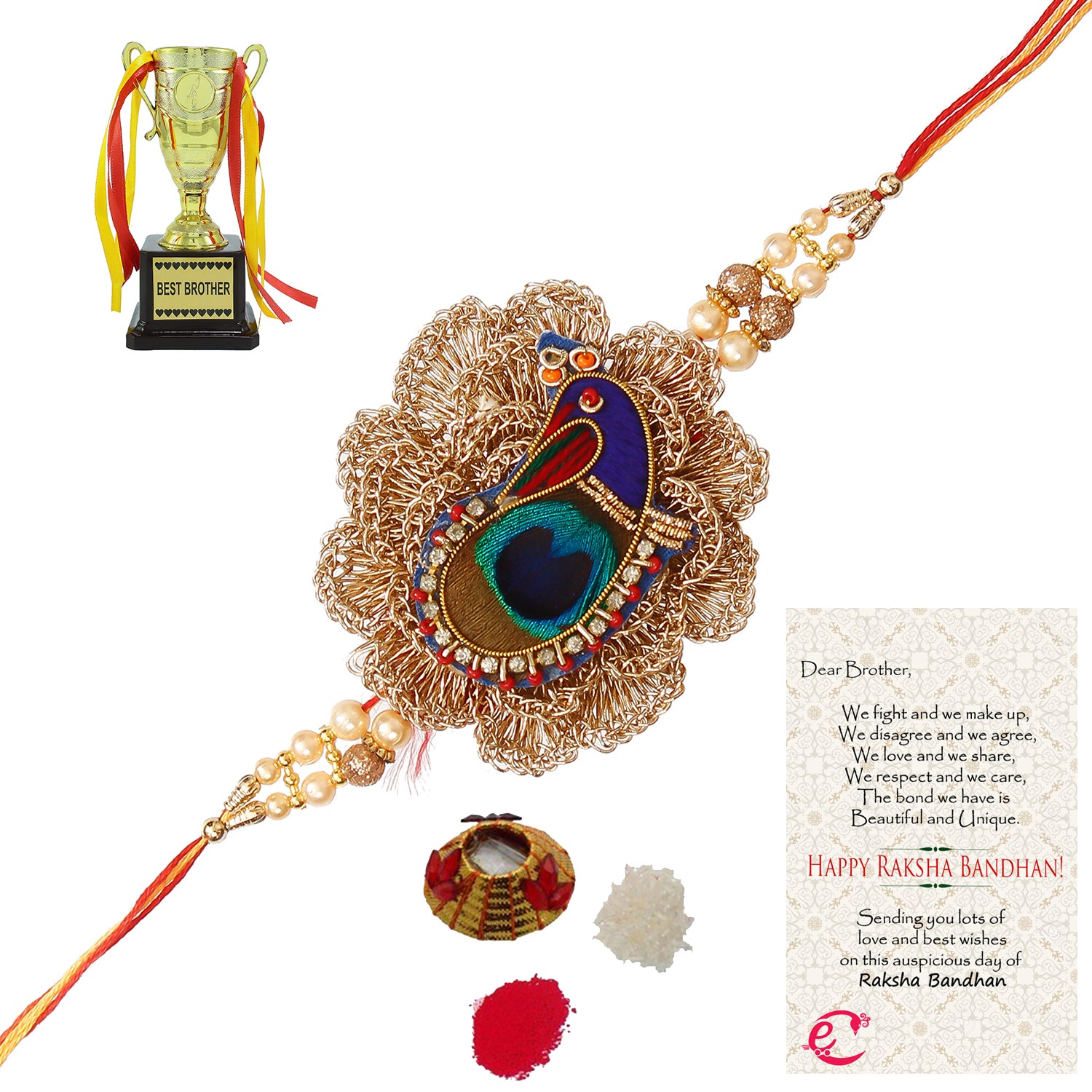 Designer Peacock Rakhi with Best Brother Trophy and Roli Tikka Matki, Best Wishes Greeting Card