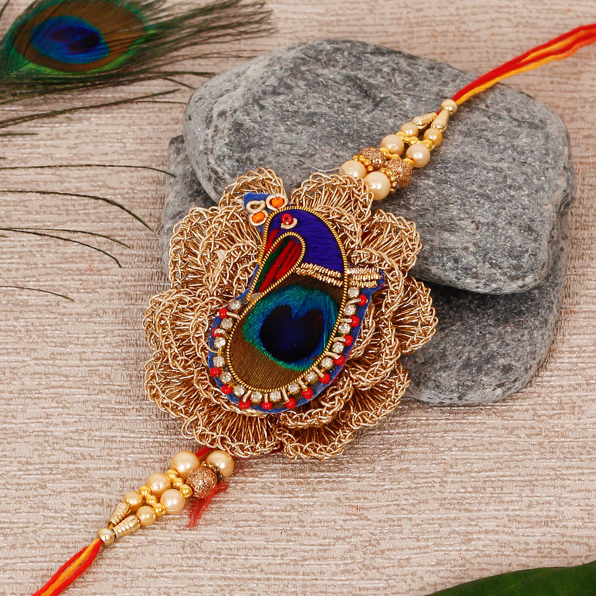 Designer Peacock Rakhi with Cadbury Celebrations Gift Pack of 7 Assorted Chocolates and Roli Chawal Pack, Best Wishes Greeting Card 1