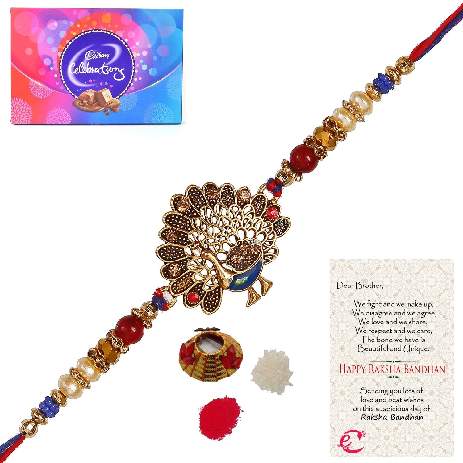 Designer Dancing Peacock Rakhi with Cadbury Celebrations Gift Pack of 11 Assorted Chocolates and Roli Tikka Matki, Best Wishes Greeting Card