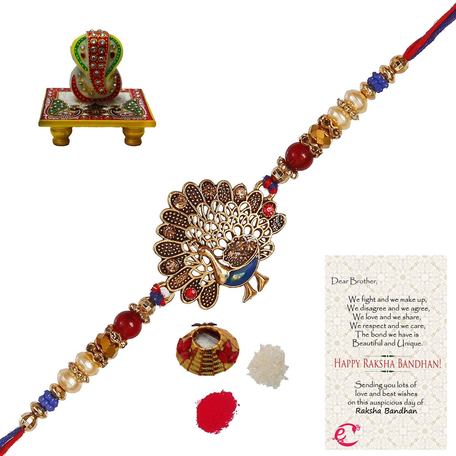 Designer Dancing Peacock Rakhi with Lord Ganesha on Marble Chowki and Roli Tikka Matki, Best Wishes Greeting Card