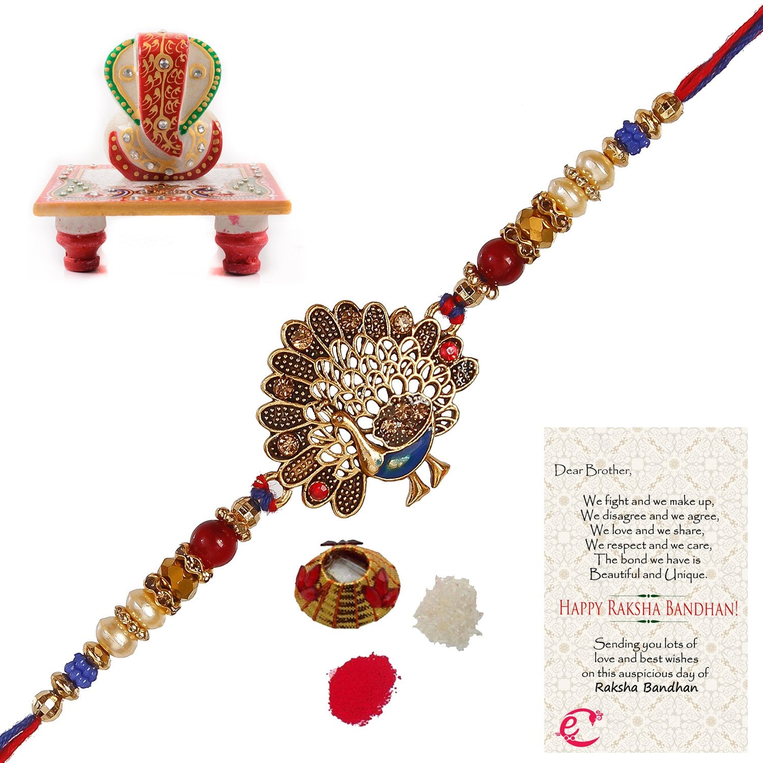 Designer Dancing Peacock Rakhi with Lord Ganesha Marble Chowki and Roli Tikka Matki, Best Wishes Greeting Card