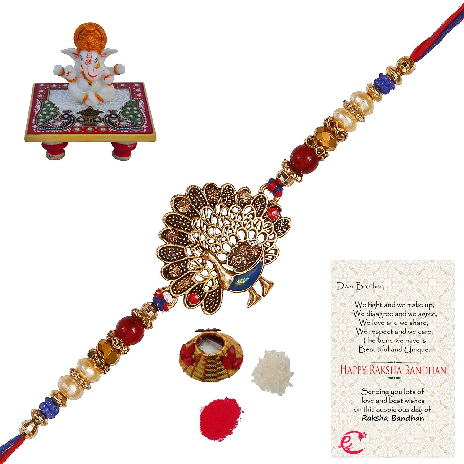 Designer Dancing Peacock Rakhi with Lord Ganesha Marble Chowki and Roli Tikka Matki, Best Wishes Greeting Card