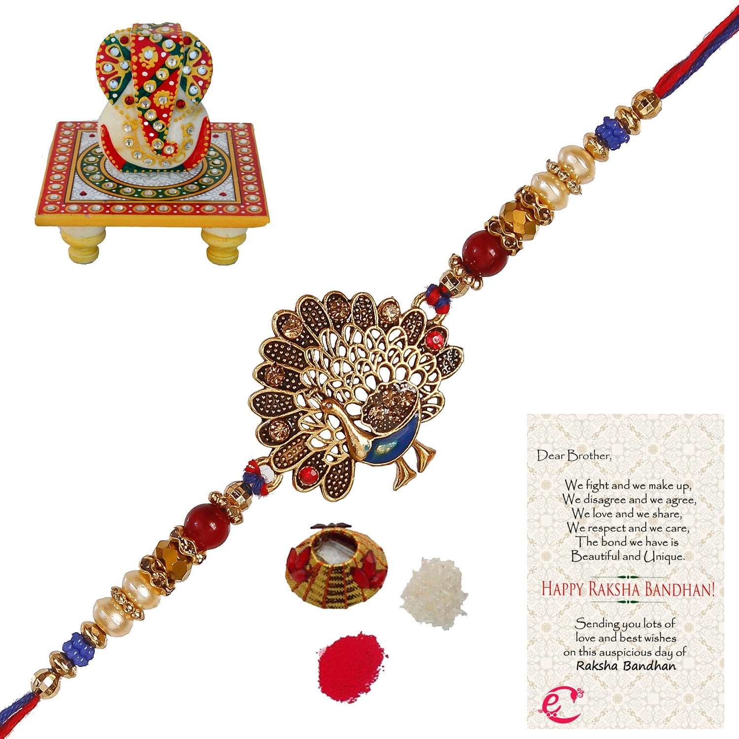 Designer Dancing Peacock Rakhi with Lord Ganesha on Kundan Studded Marble Chowki and Roli Tikka Matki, Best Wishes Greeting Card