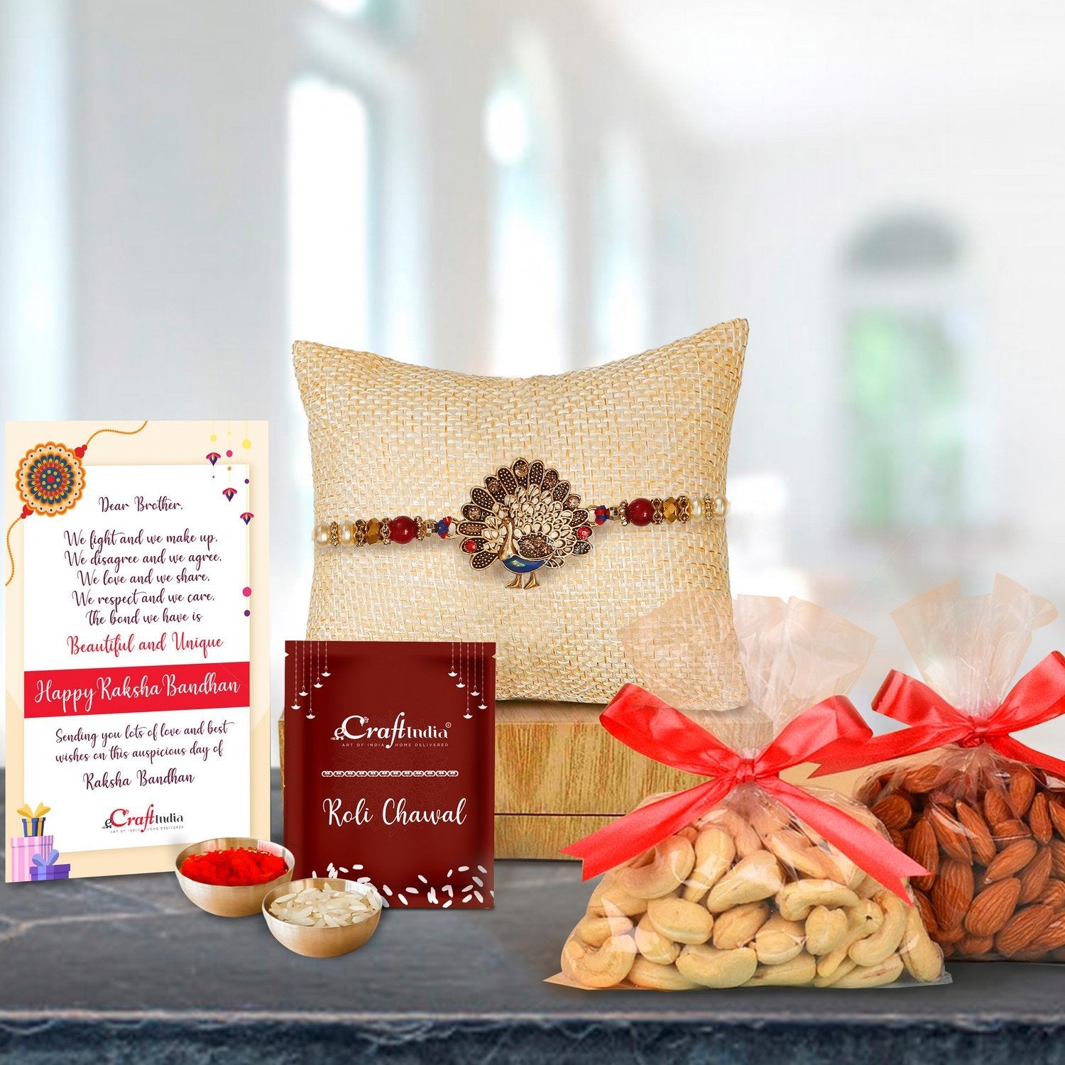 Designer Dancing Peacock Rakhi with Badam and Cashew (200 gm each, total 400 gm) and Roli Chawal Pack, Best Wishes Greeting Card