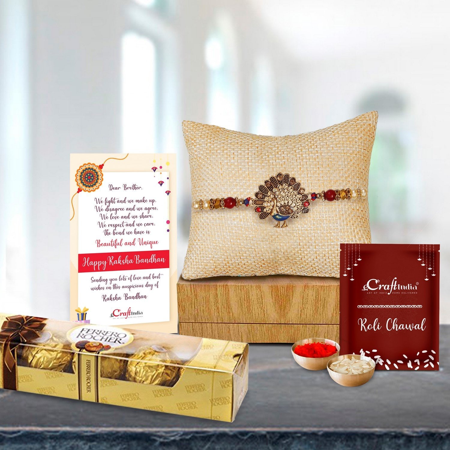 Designer Dancing Peacock Rakhi with Ferrero Rocher (4 pcs) and Roli Chawal Pack, Best Wishes Greeting Card
