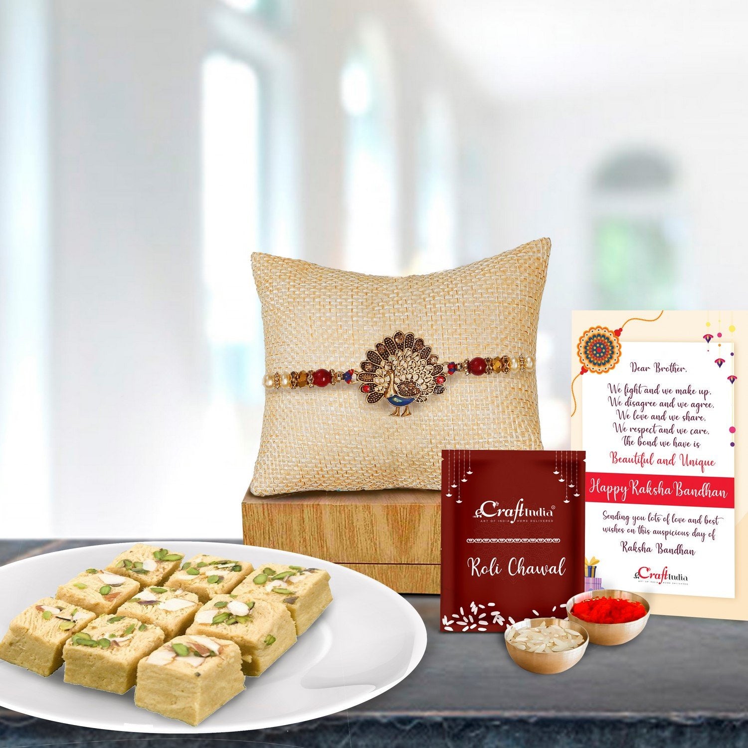 Designer Dancing Peacock Rakhi with Soan Papdi (500 Gm) and Roli Chawal Pack, Best Wishes Greeting Card