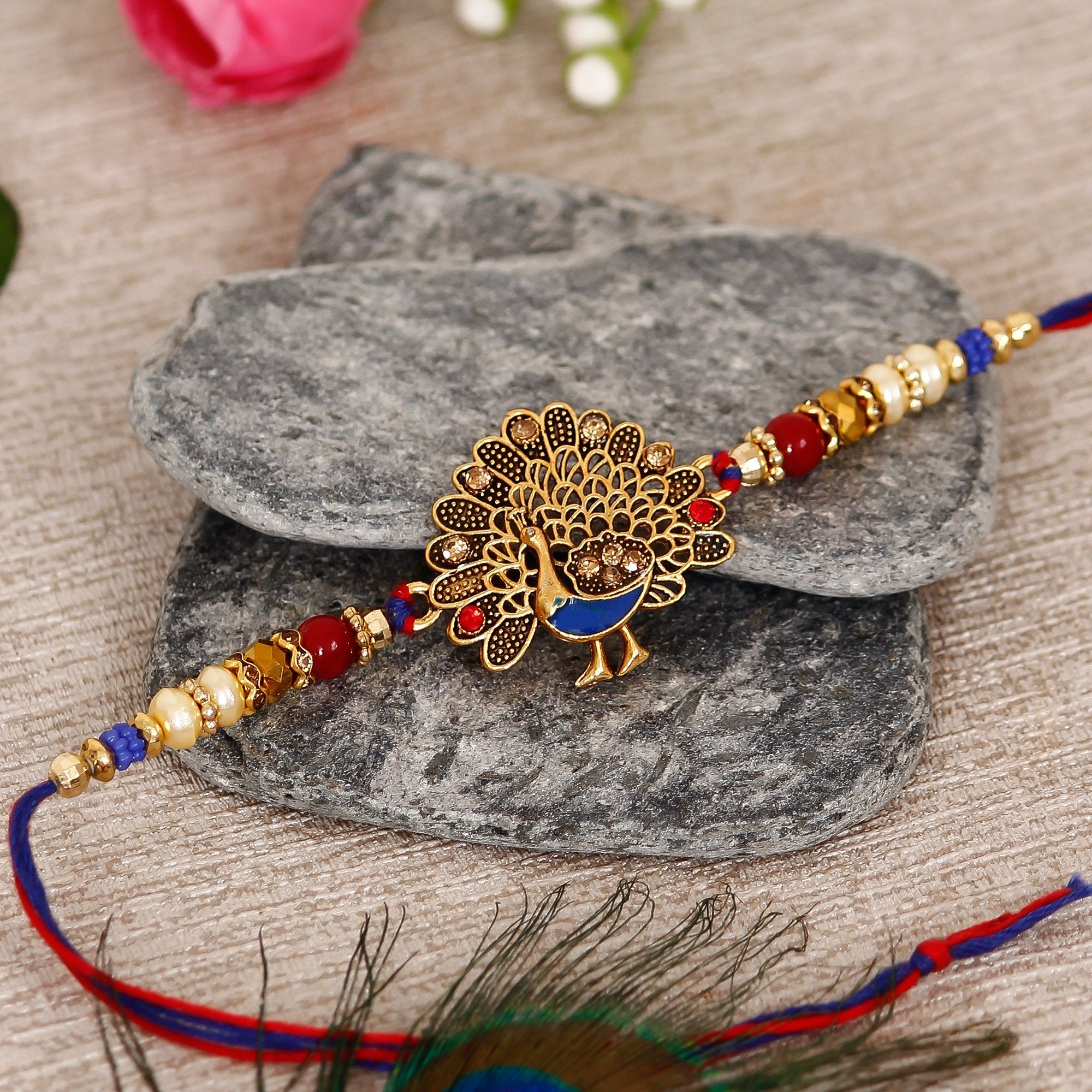 Designer Dancing Peacock Rakhi with Ferrero Rocher (4 pcs) and Roli Chawal Pack, Best Wishes Greeting Card 1