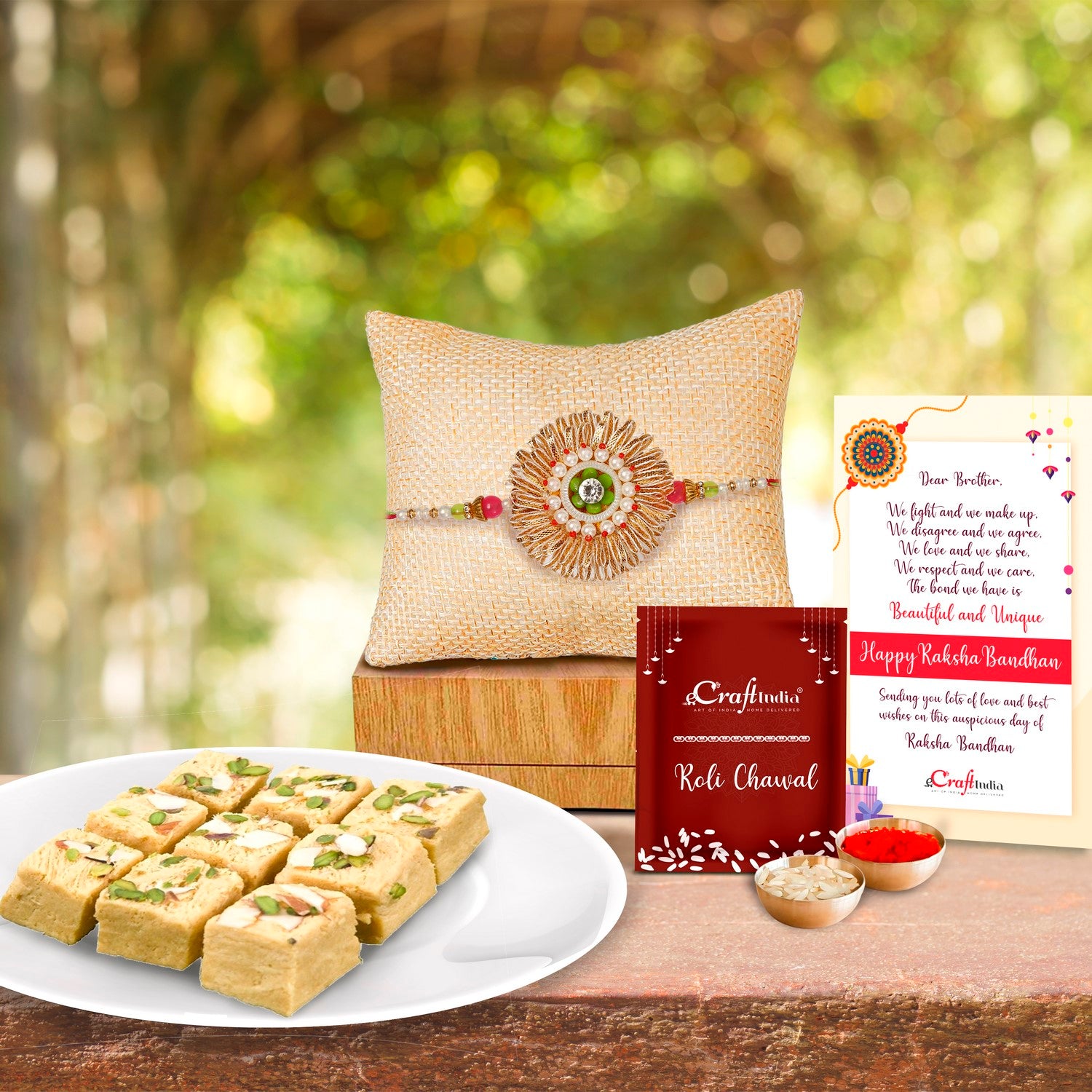 Designer Rakhi with Soan Papdi (500 Gm) and Roli Chawal Pack, Best Wishes Greeting Card