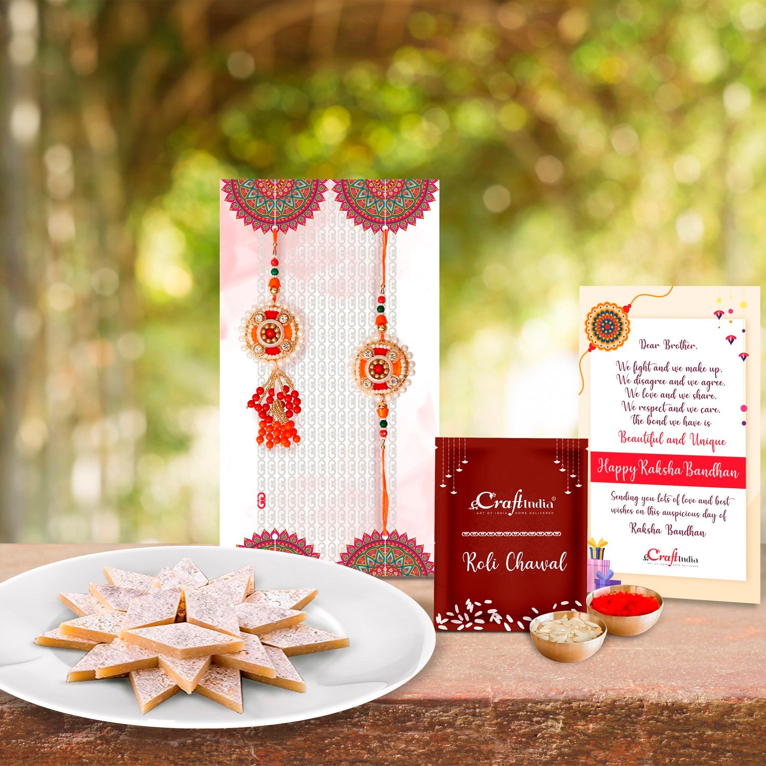 Designer Bhaiya Bhabhi Rakhi with Kaju Katli (500 Gm) and Roli Chawal Pack, Best Wishes Greeting Card