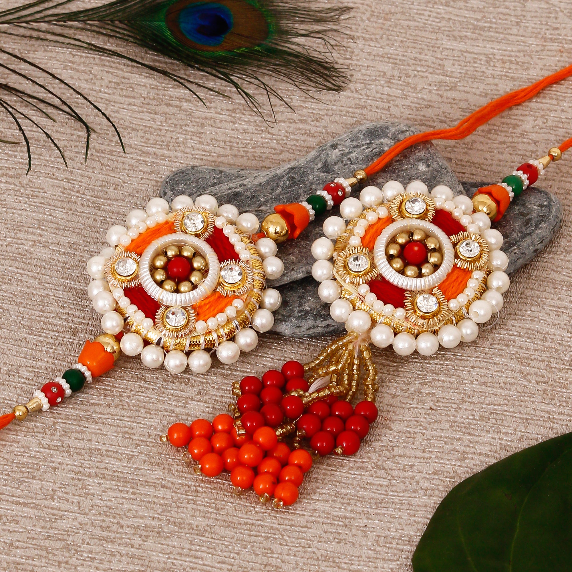 Designer Bhaiya Bhabhi Rakhi with Kaju Katli (500 Gm) and Roli Chawal Pack, Best Wishes Greeting Card 1
