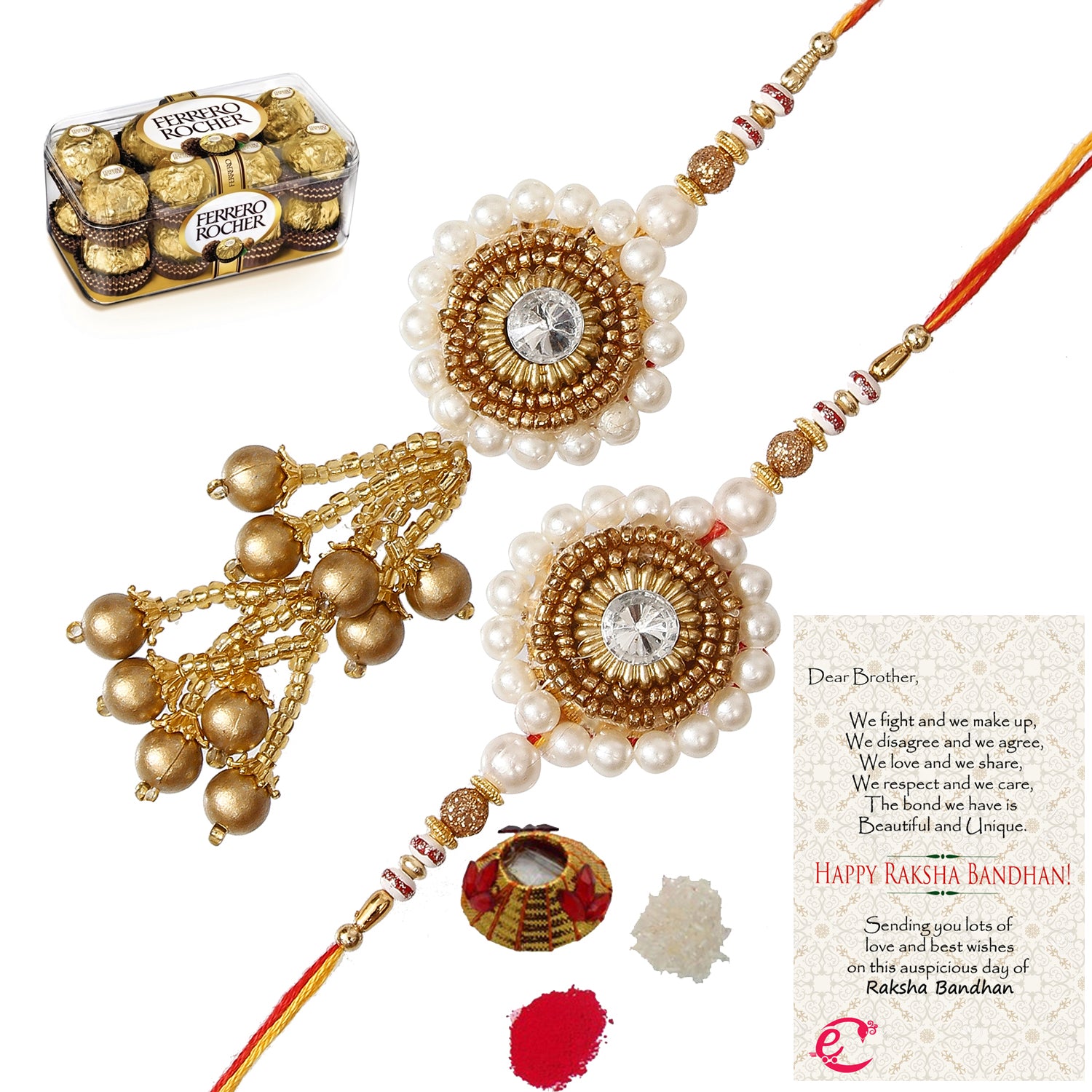 Designer Bhaiya Bhabhi Rakhi with Ferrero Rocher (16 pcs) and Roli Tikka Matki, Best Wishes Greeting Card