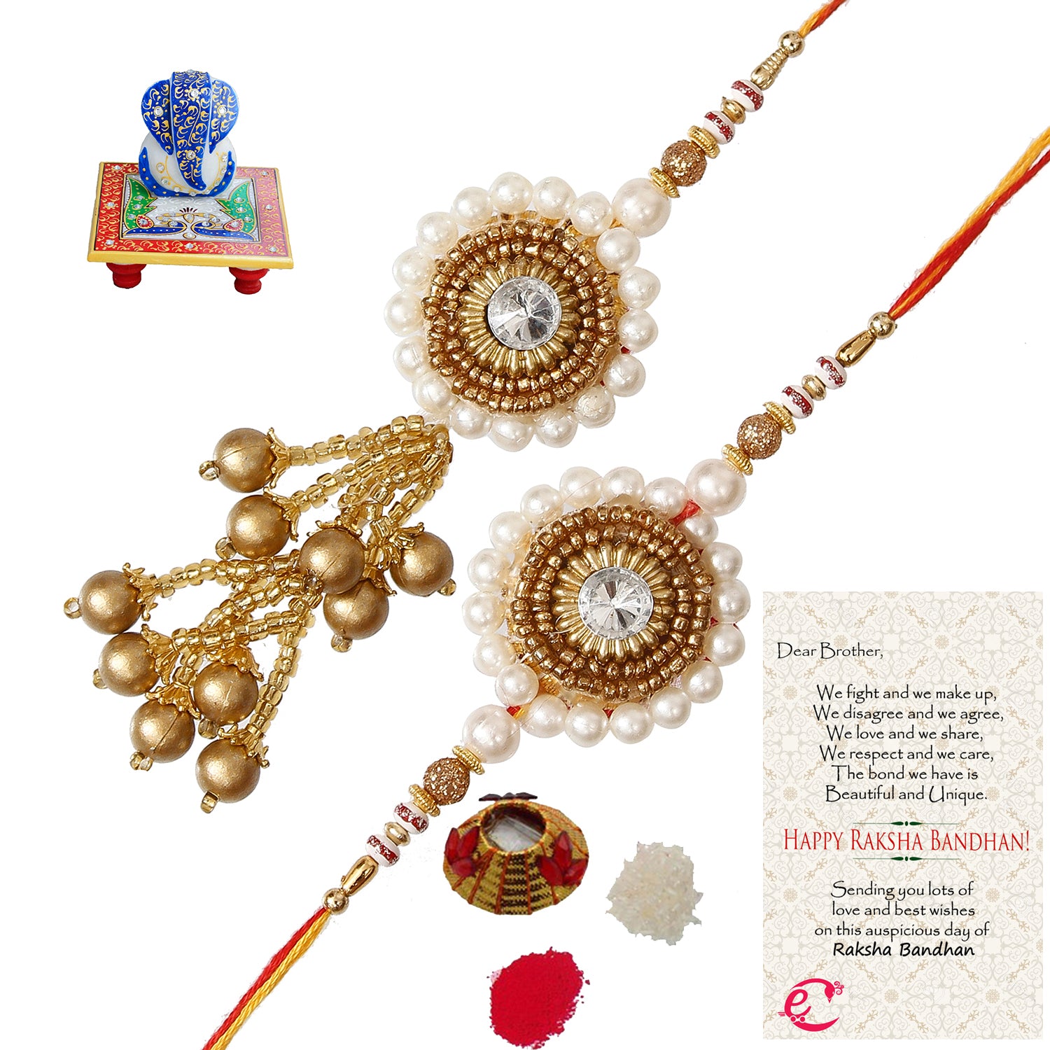 Designer Bhaiya Bhabhi Rakhi with Lord Ganesha on Marble Chowki and Roli Tikka Matki, Best Wishes Greeting Card