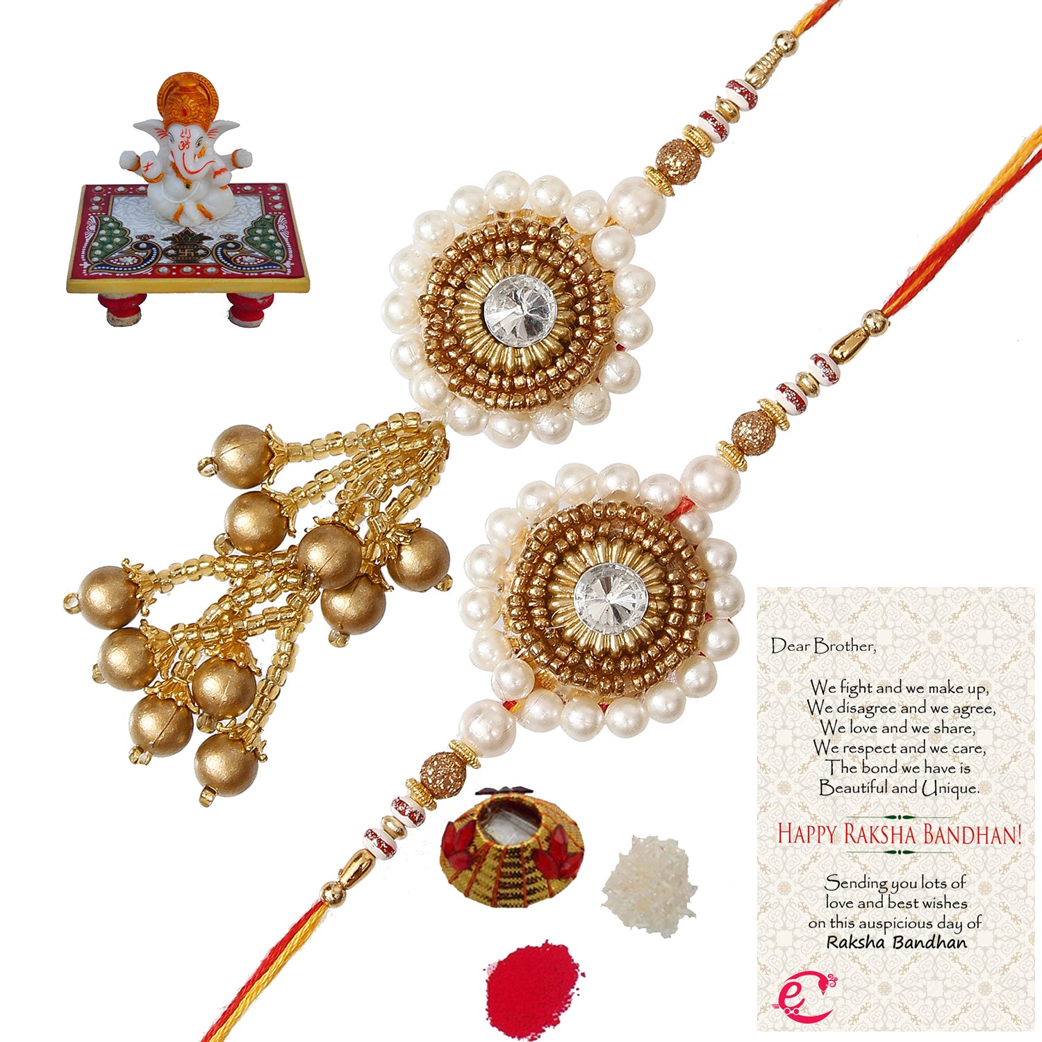 Designer Bhaiya Bhabhi Rakhi with Lord Ganesha Marble Chowki and Roli Tikka Matki, Best Wishes Greeting Card