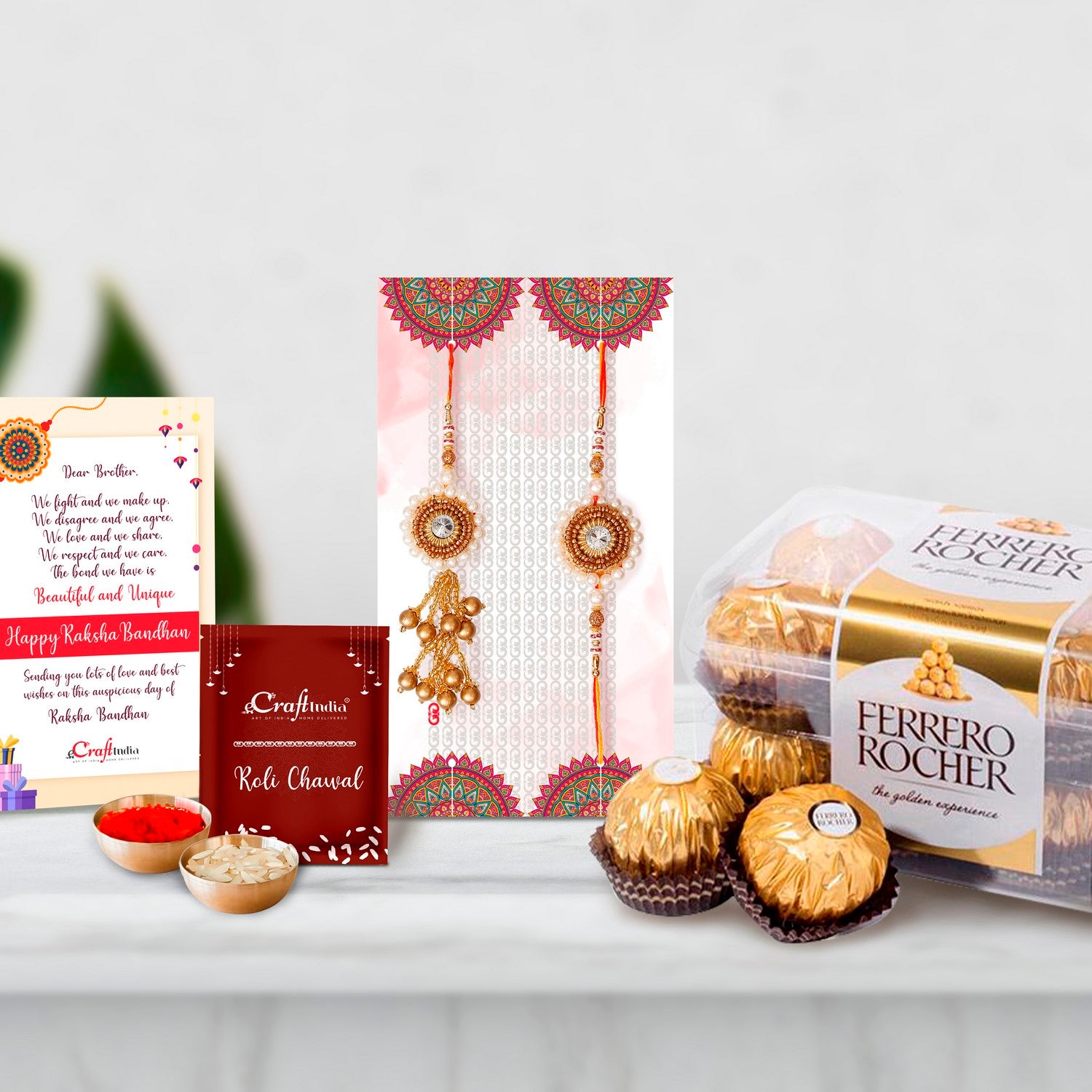 Designer Bhaiya Bhabhi Rakhi with Ferrero Rocher (16 pcs) and Roli Chawal Pack, Best Wishes Greeting Card