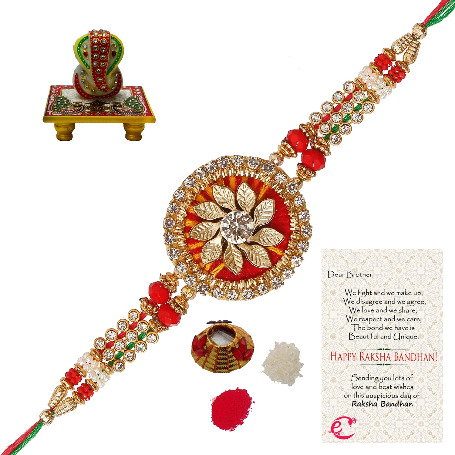 Designer Rakhi with Lord Ganesha on Marble Chowki and Roli Tikka Matki, Best Wishes Greeting Card