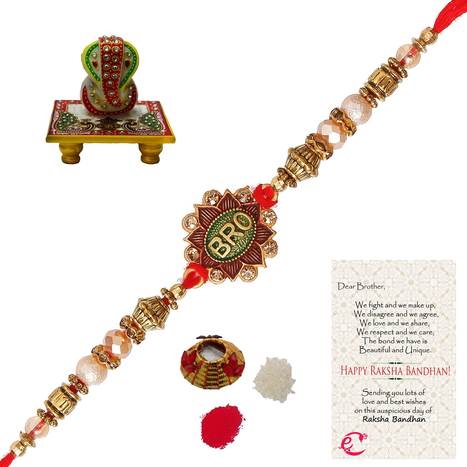 Designer Rakhi with Lord Ganesha on Marble Chowki and Roli Tikka Matki, Best Wishes Greeting Card