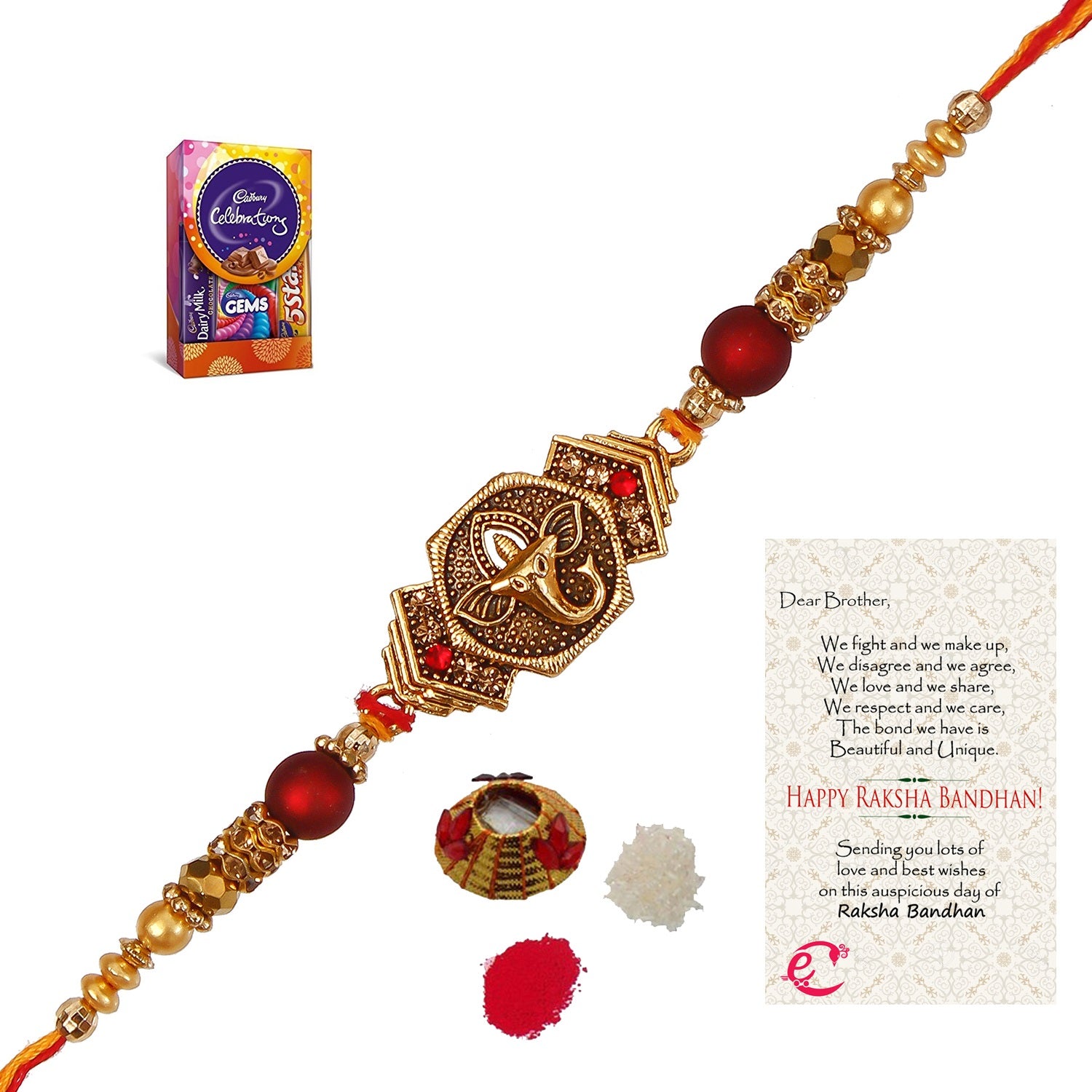 Designer Religious Ganesha Rakhi with Cadbury Celebrations Gift Pack of 5 Assorted Chocolates and Roli Tikka Matki, Best Wishes Greeting Card