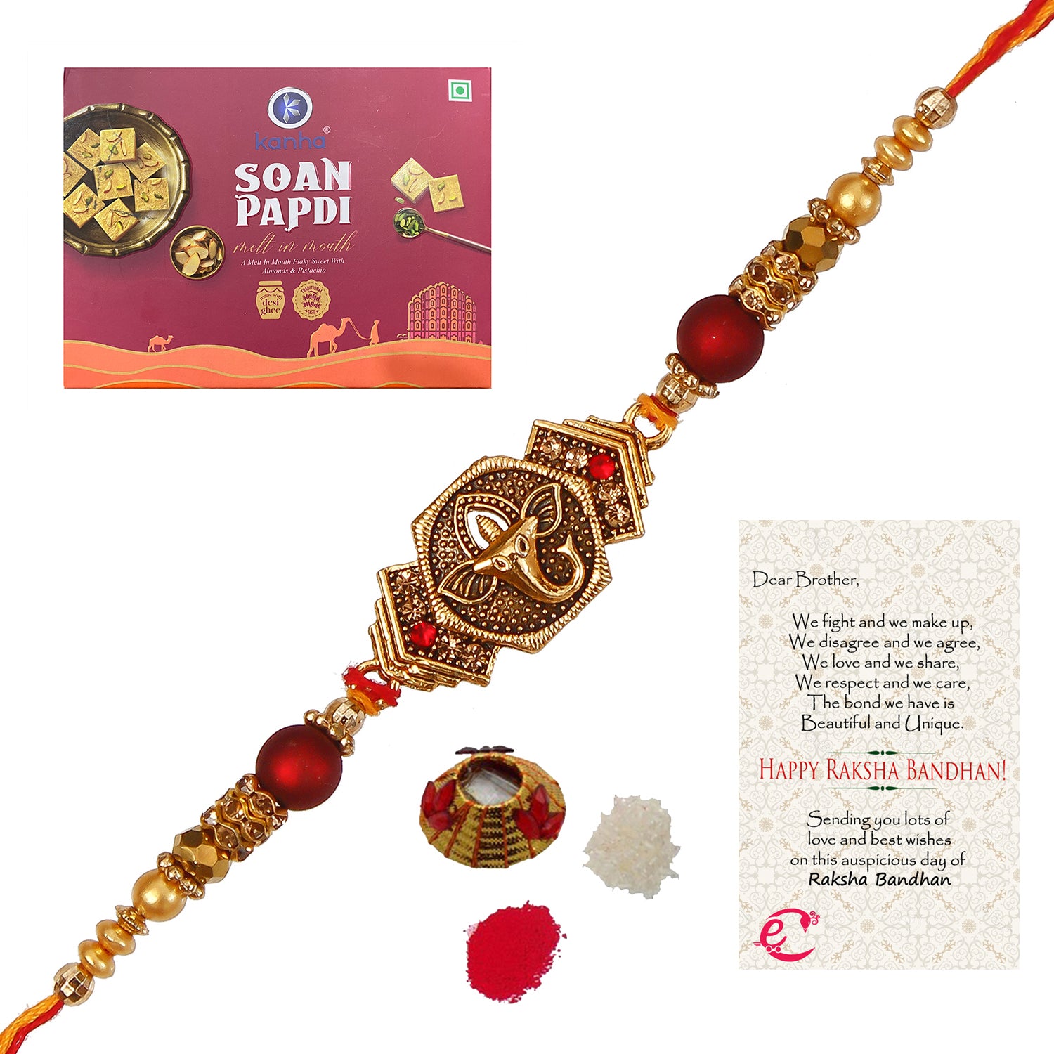 Designer Religious Ganesha Rakhi with Soan Papdi (500 Gm) and Roli Tikka Matki, Best Wishes Greeting Card