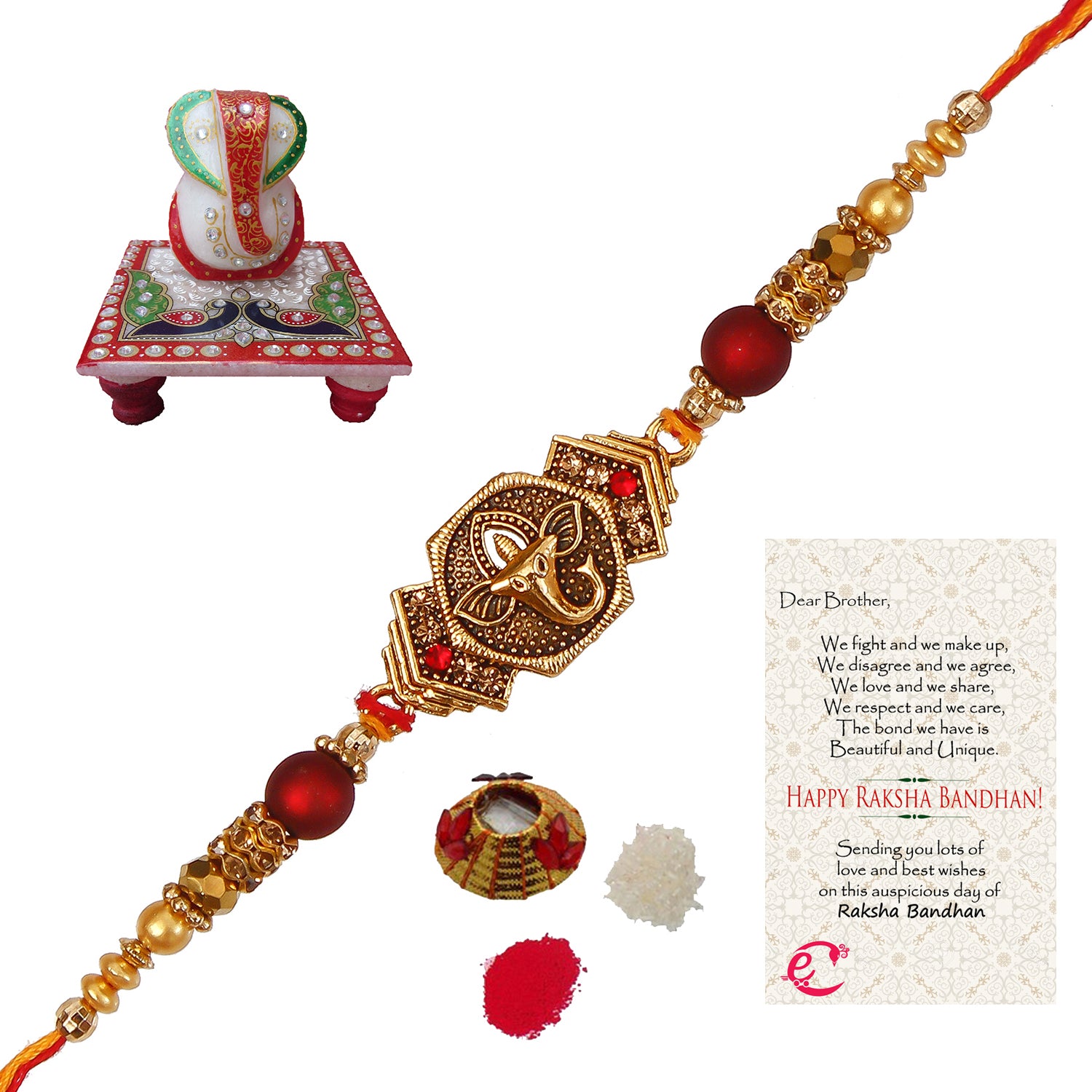 Designer Religious Ganesha Rakhi with Lord Ganesha Marble Chowki and Roli Tikka Matki, Best Wishes Greeting Card
