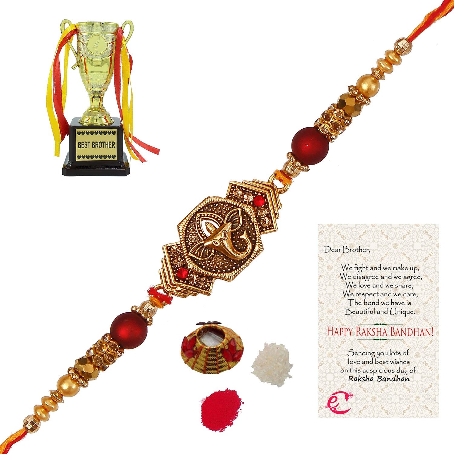 Designer Religious Ganesha Rakhi with Best Brother Trophy and Roli Tikka Matki, Best Wishes Greeting Card