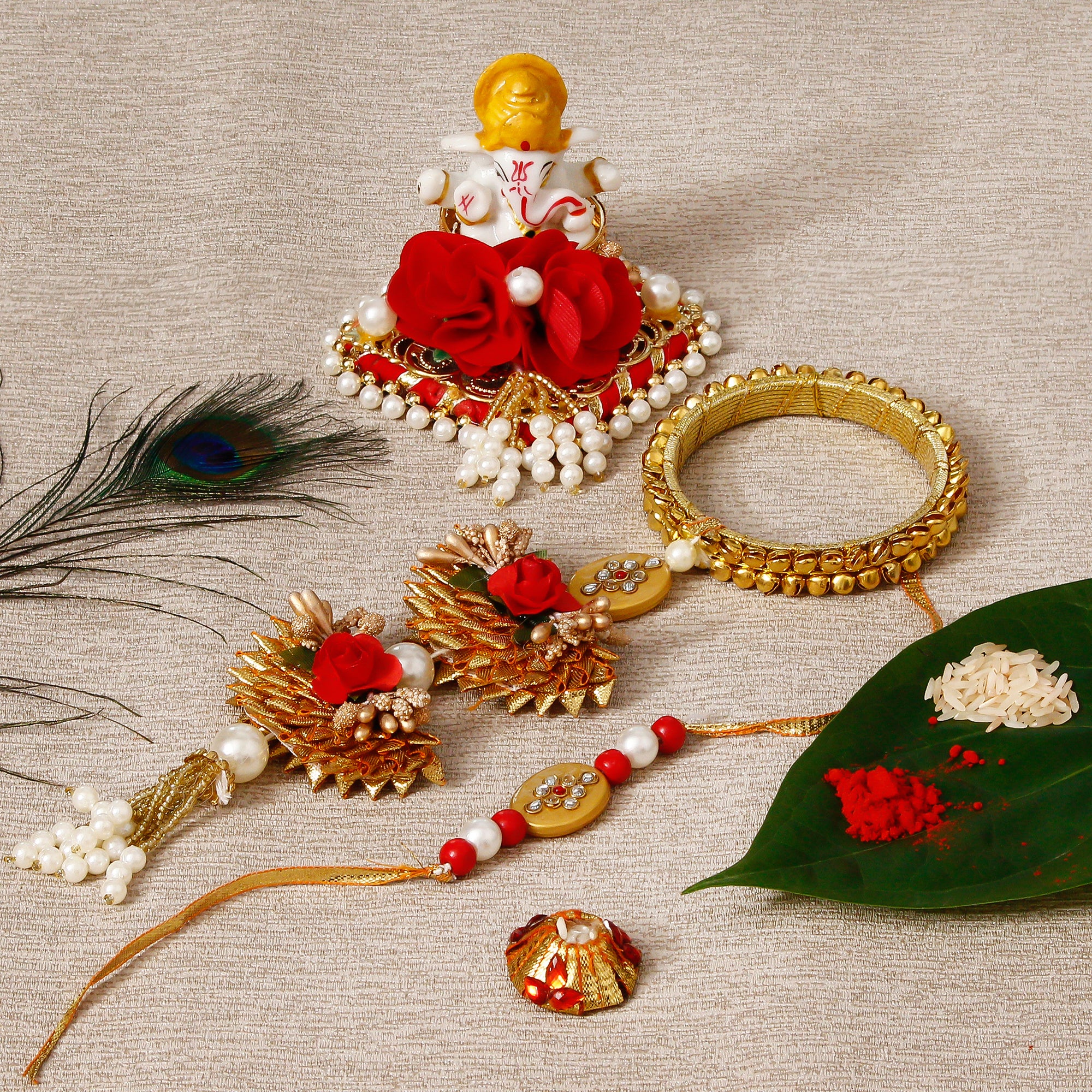 Designer Bhaiya Bhabhi Rakhi with Lord Ganesha Idol on Decorative Plate for Car & Home and Roli Tikka Matki