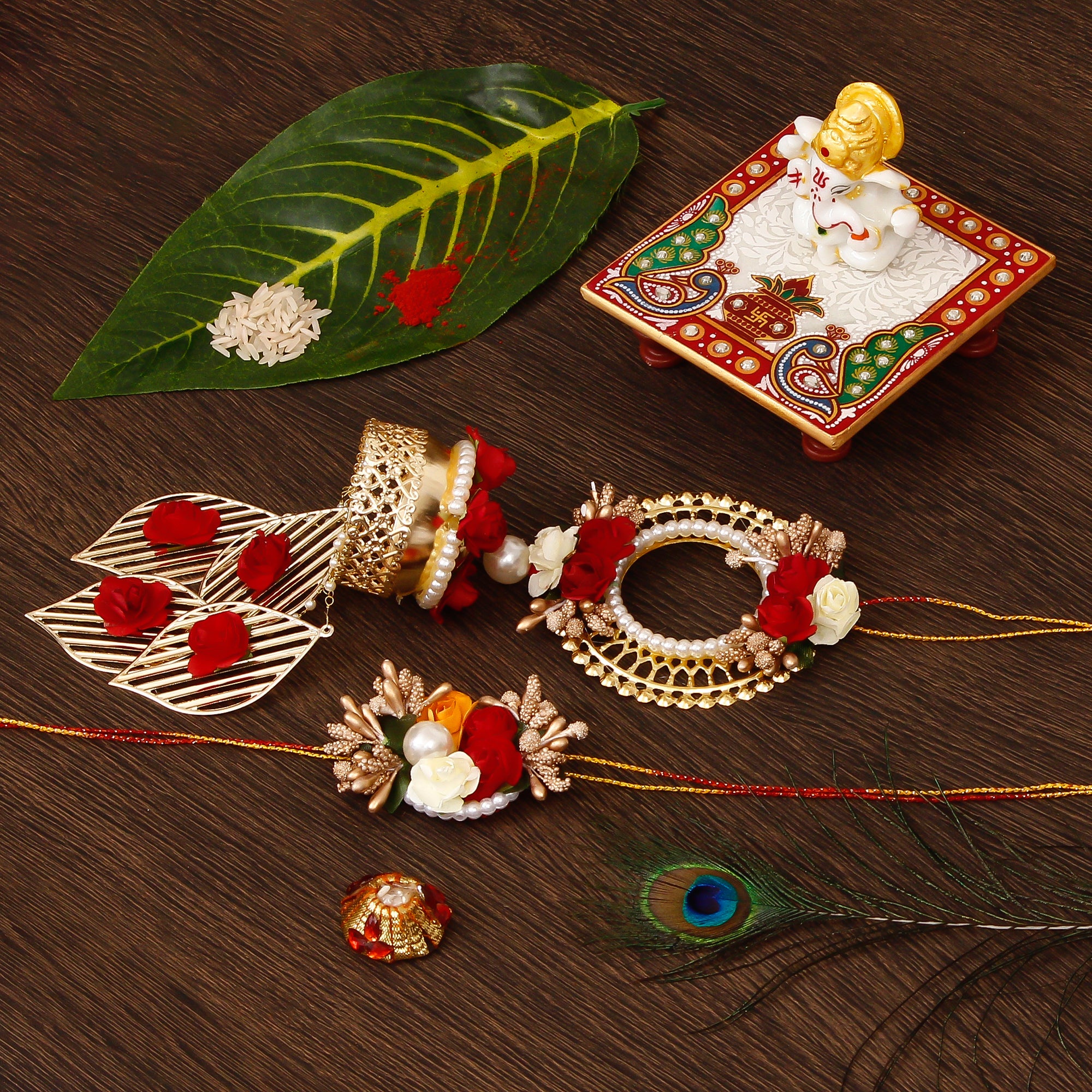 Designer Handcrafted Bhaiya Bhabhi Rakhi with Lord Ganesha Marble Chowki and Roli Tikka Matki