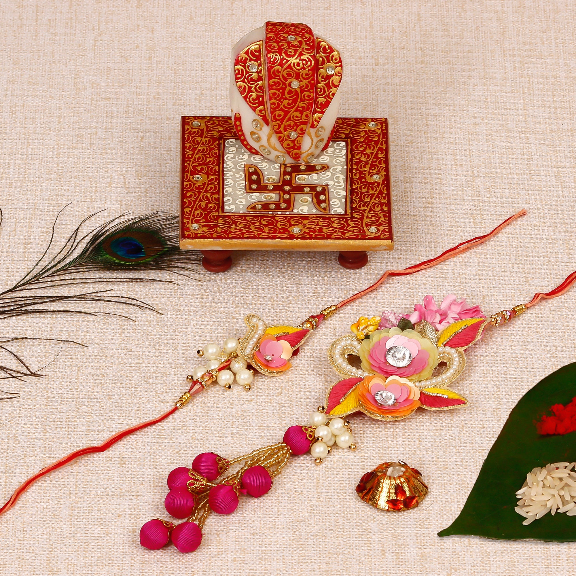 Bhaiya Bhabhi Rakhi with Ridhi Sidhi Marble chowki and Roli Tikka Matki