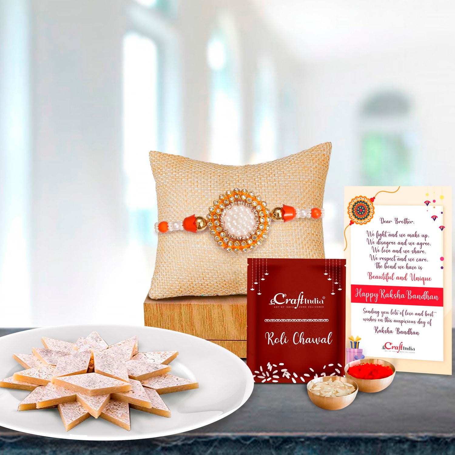 Designer Pearl Rakhi with Kaju Katli (500 Gm) and Roli Chawal Pack, Best Wishes Greeting Card