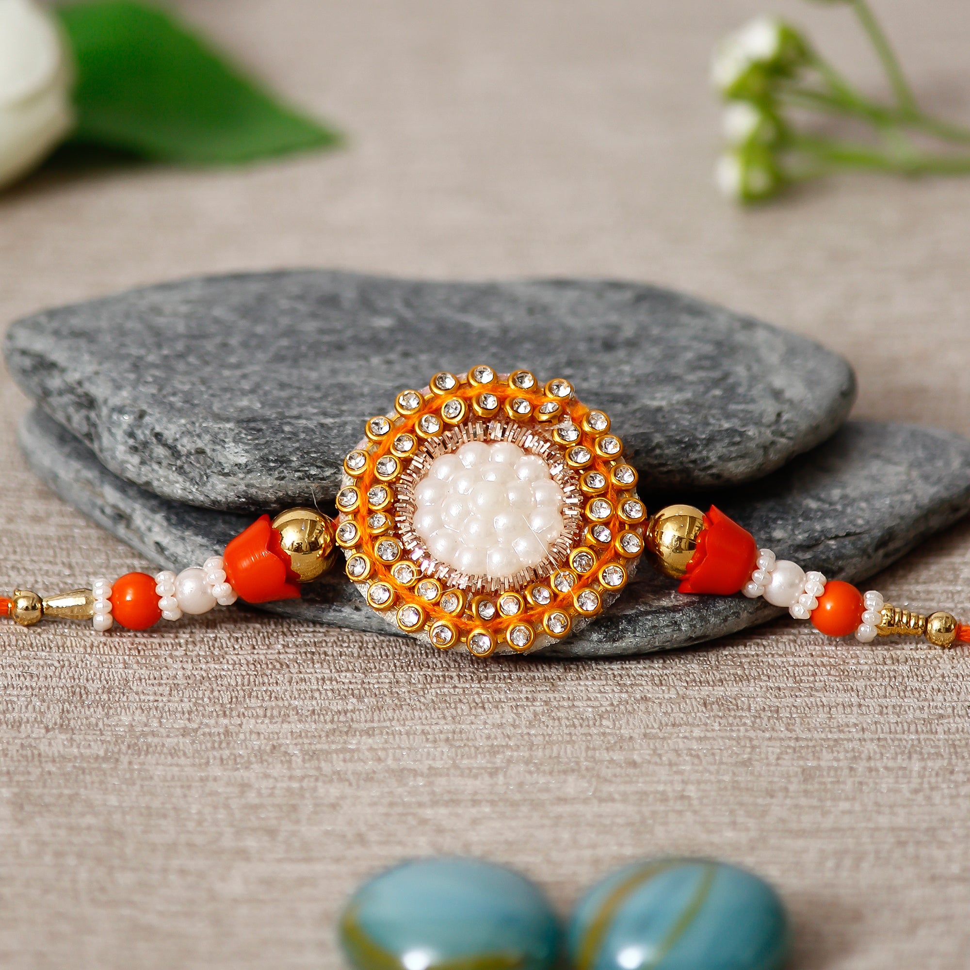 Designer Pearl Rakhi with Kaju Katli (500 Gm) and Roli Chawal Pack, Best Wishes Greeting Card 1