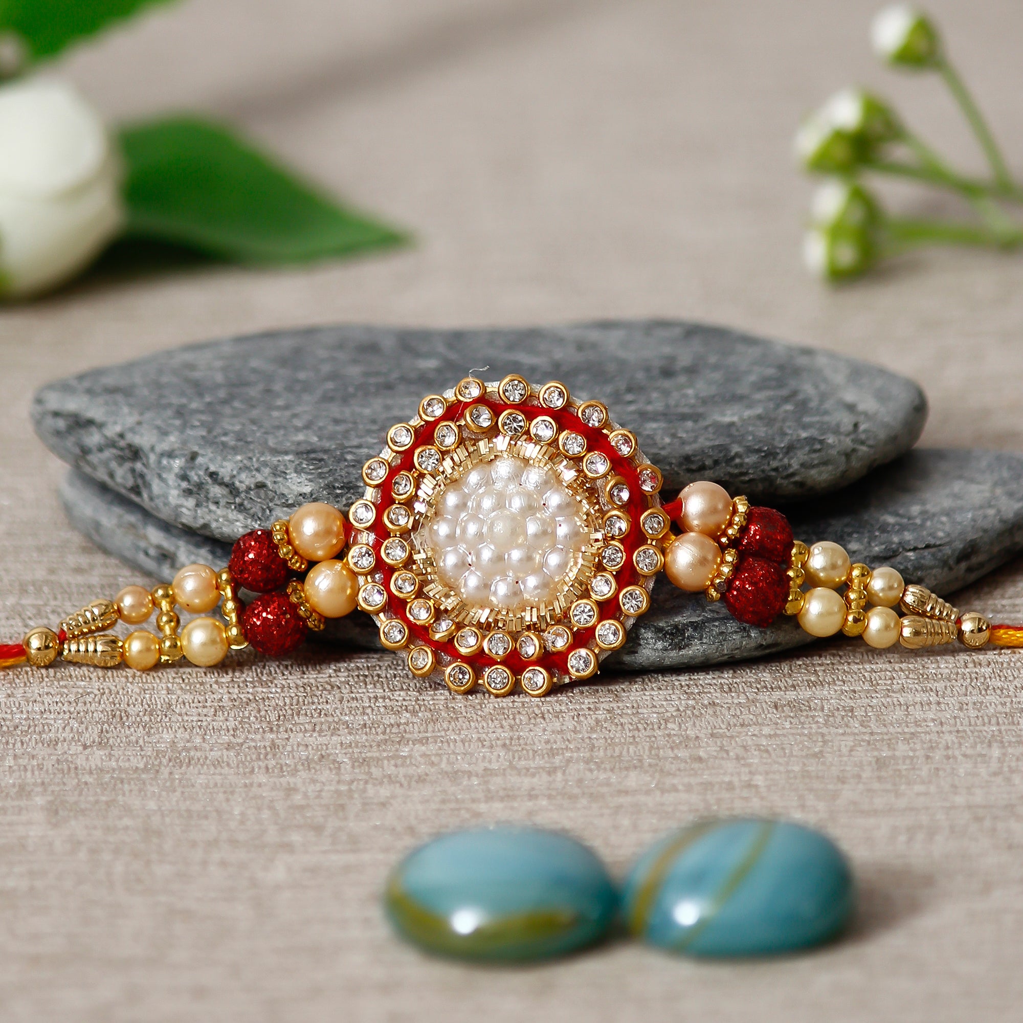 Designer Pearl Rakhi with Ferrero Rocher (4 pcs) and Roli Chawal Pack, Best Wishes Greeting Card 1