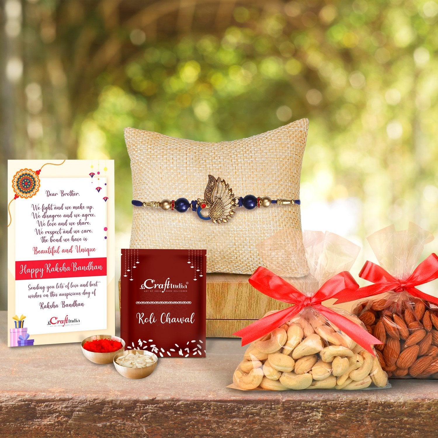 Designer Peacock Rakhi with Badam and Cashew (200 gm each, total 400 gm) and Roli Chawal Pack, Best Wishes Greeting Card