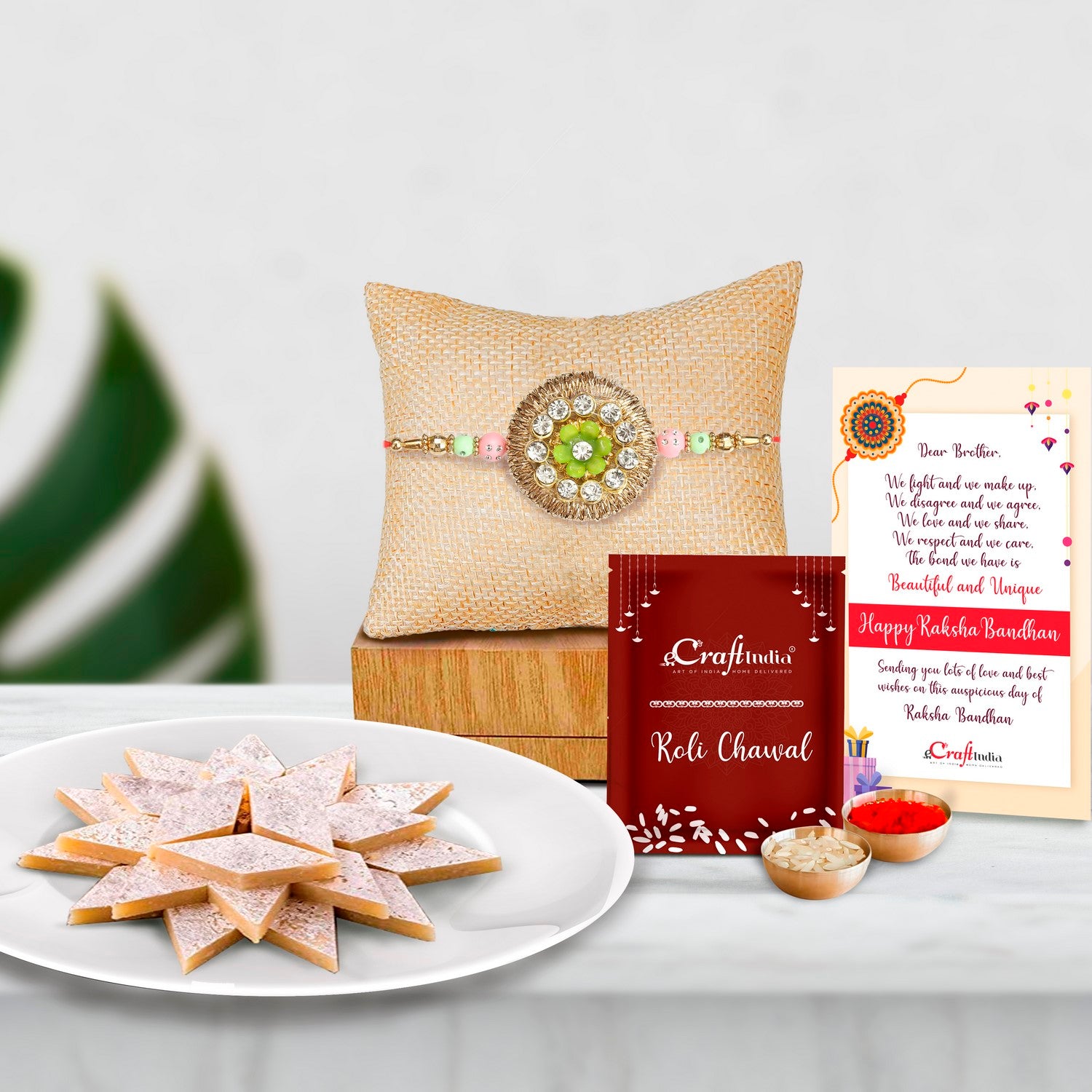 Designer Rakhi with Kaju Katli (500 Gm) and Roli Chawal Pack, Best Wishes Greeting Card