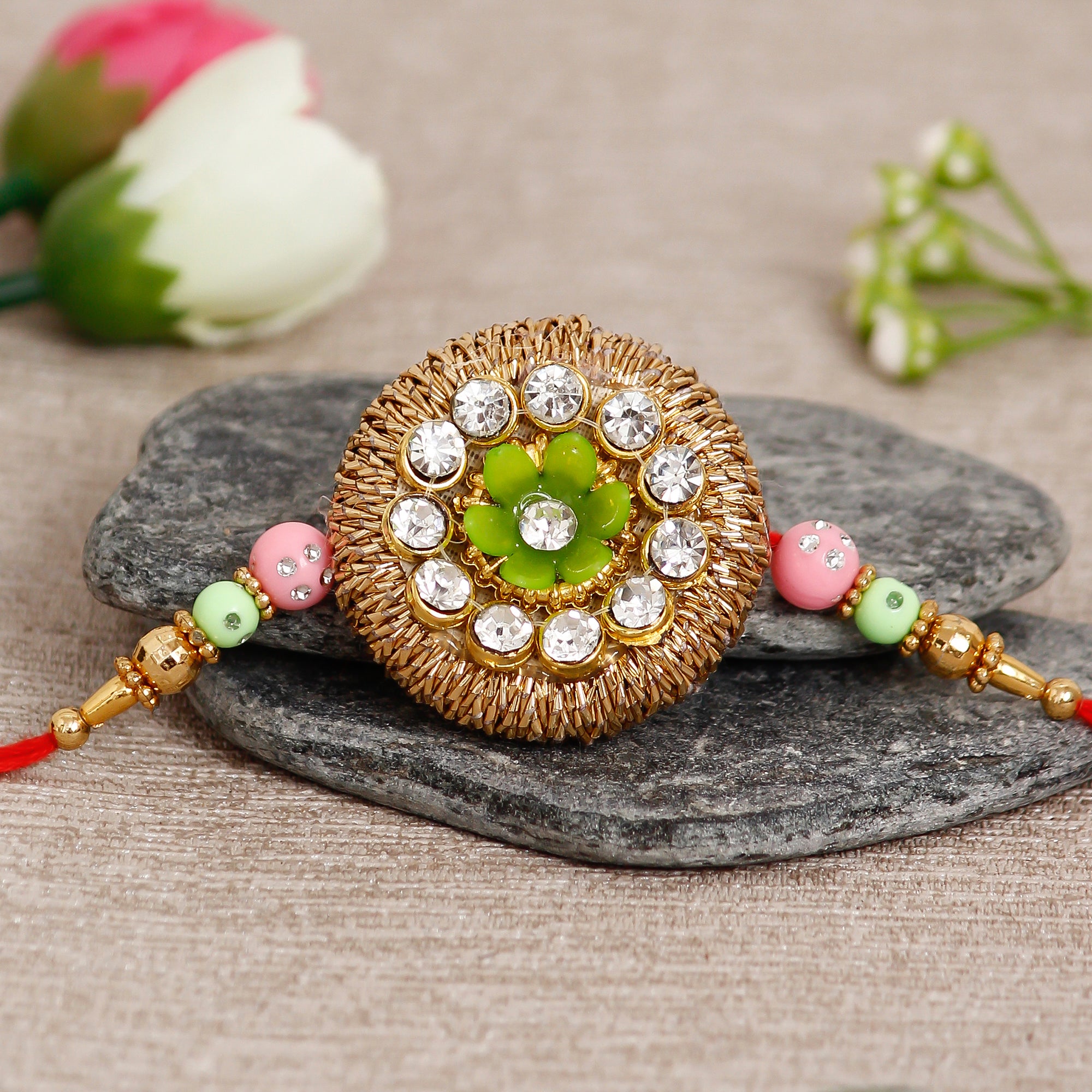 Designer Rakhi with Kaju Katli (500 Gm) and Roli Chawal Pack, Best Wishes Greeting Card 1