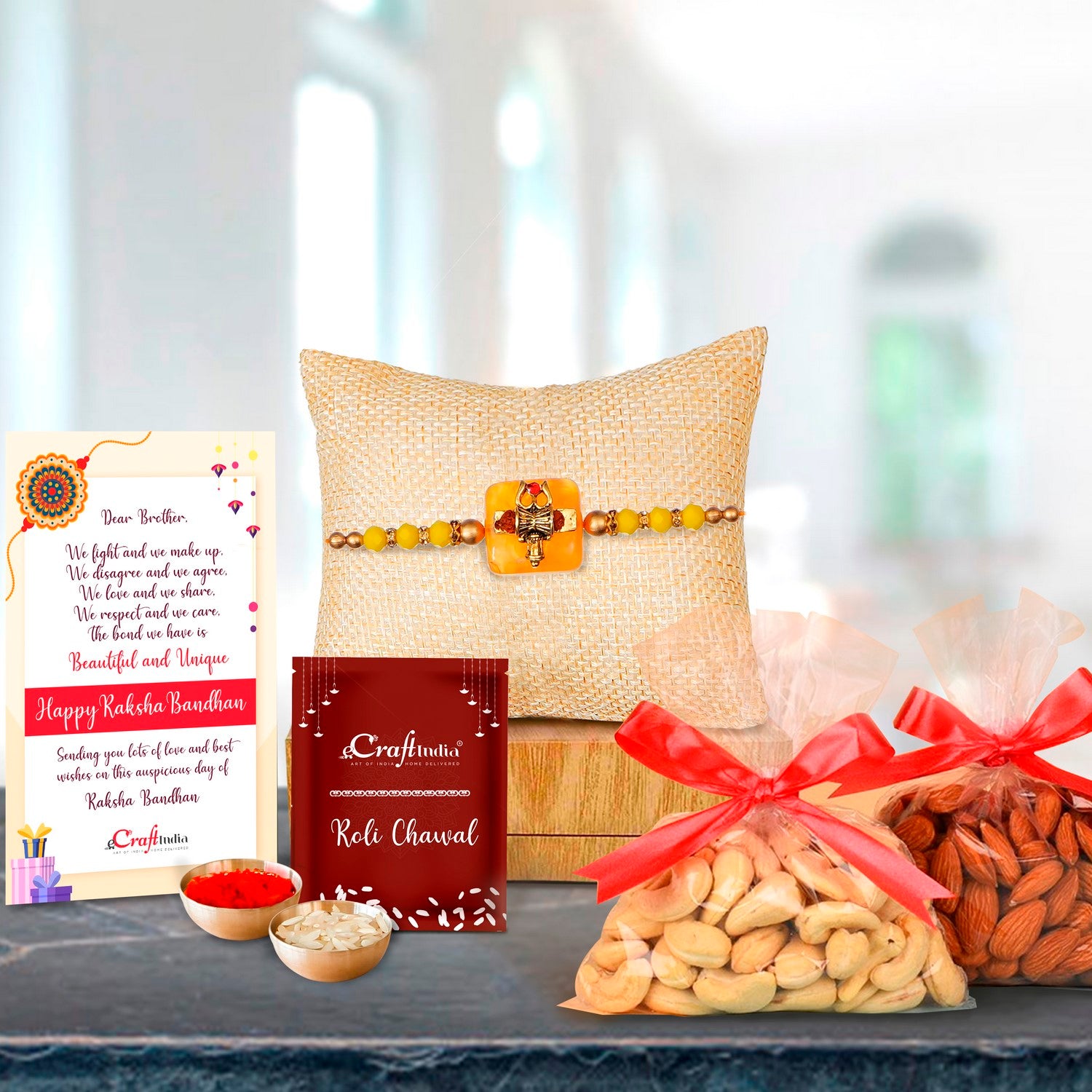Designer Stone Rakhi with Badam and Cashew (200 gm each, total 400 gm) and Roli Chawal Pack, Best Wishes Greeting Card
