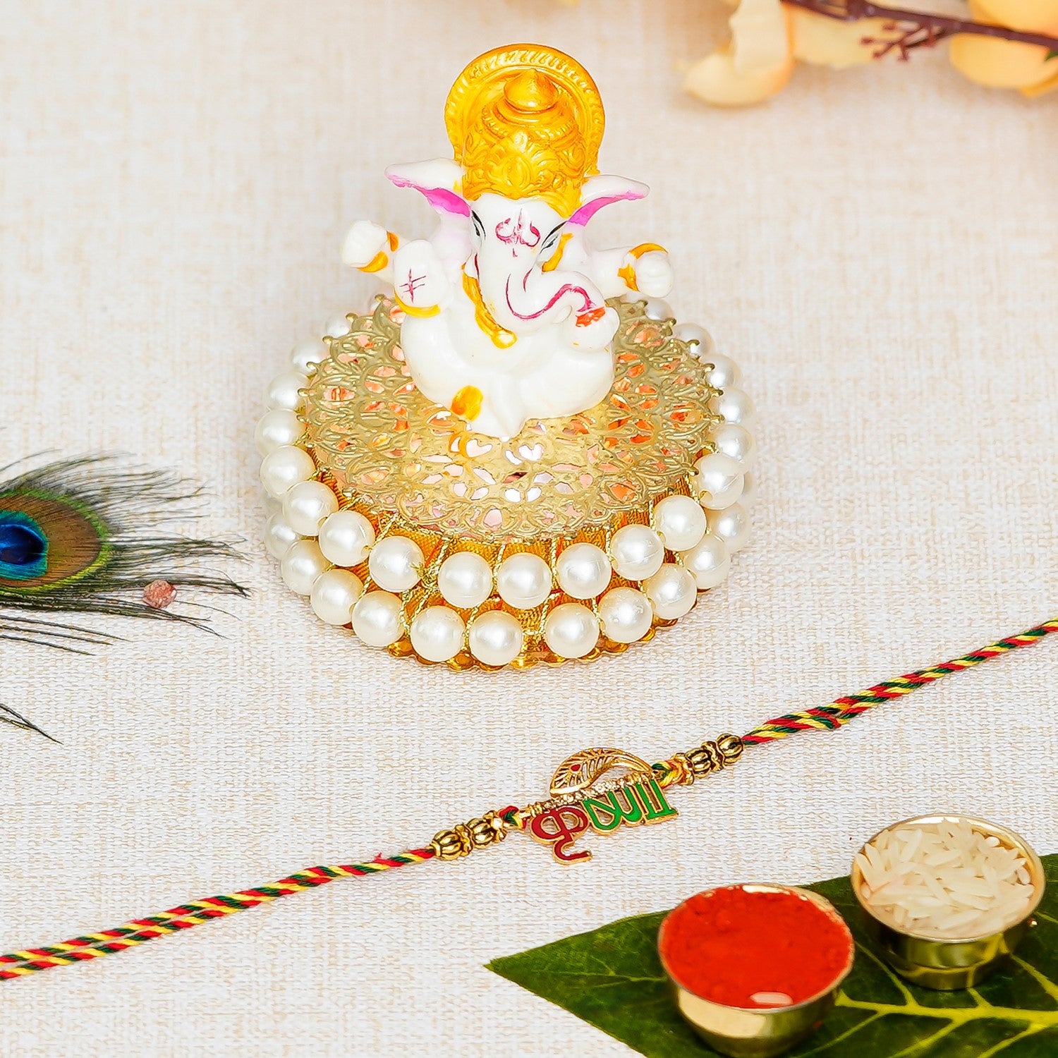 Designer Krishna Rakhi with Lord Ganesha Idol on Decorative Handcrafted Plate for Home and Car and Roli Chawal Pack