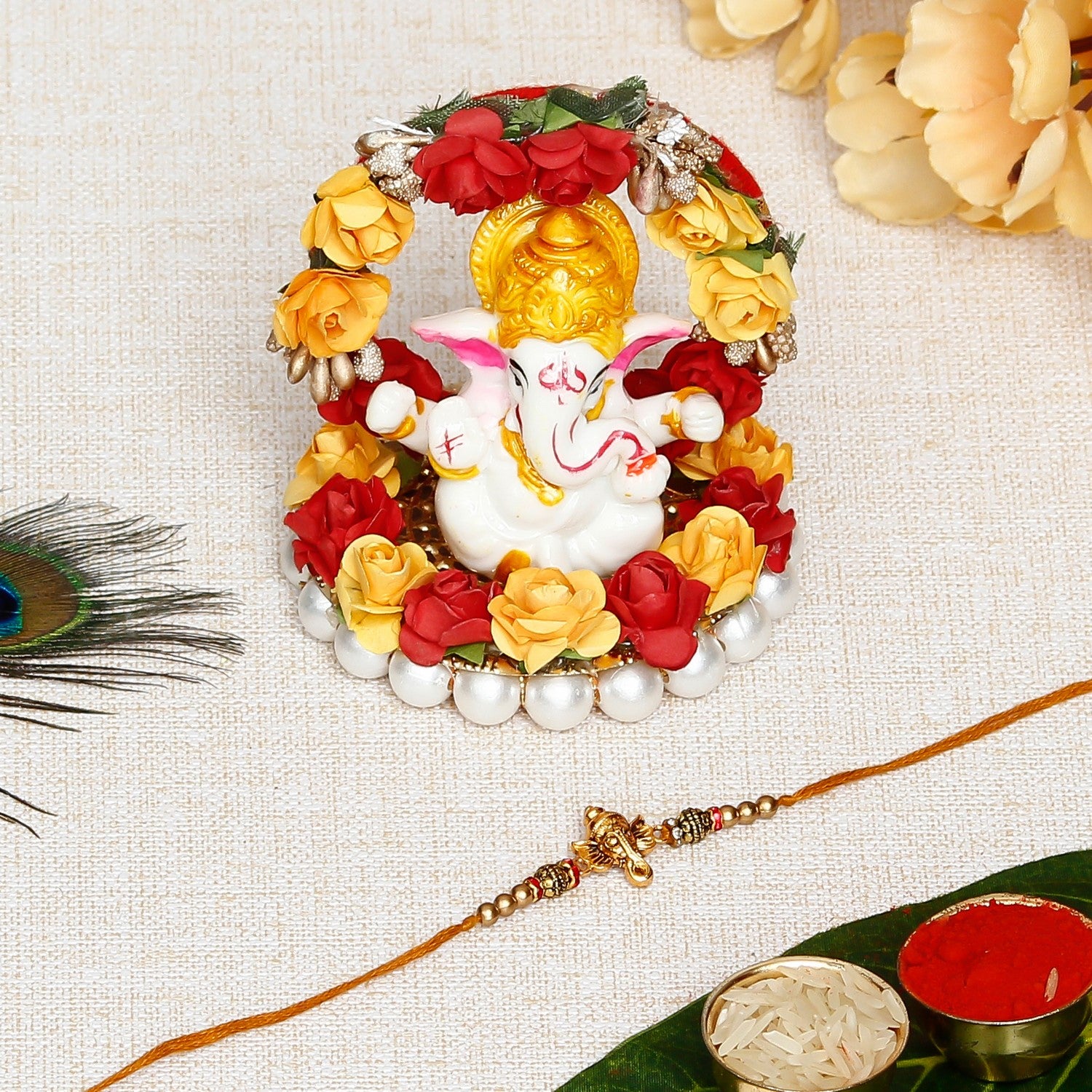 Designer Ganesha Rakhi with Lord Ganesha Idol on Decorative Plate for Car & Home and Roli Chawal Pack