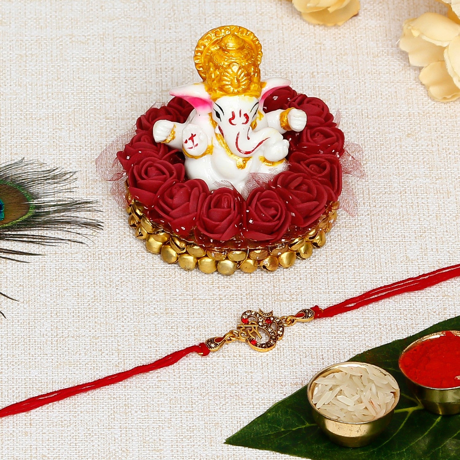 Designer Om Rakhi with Lord Ganesha Idol on Decorative Plate for Car & Home and Roli Chawal Pack