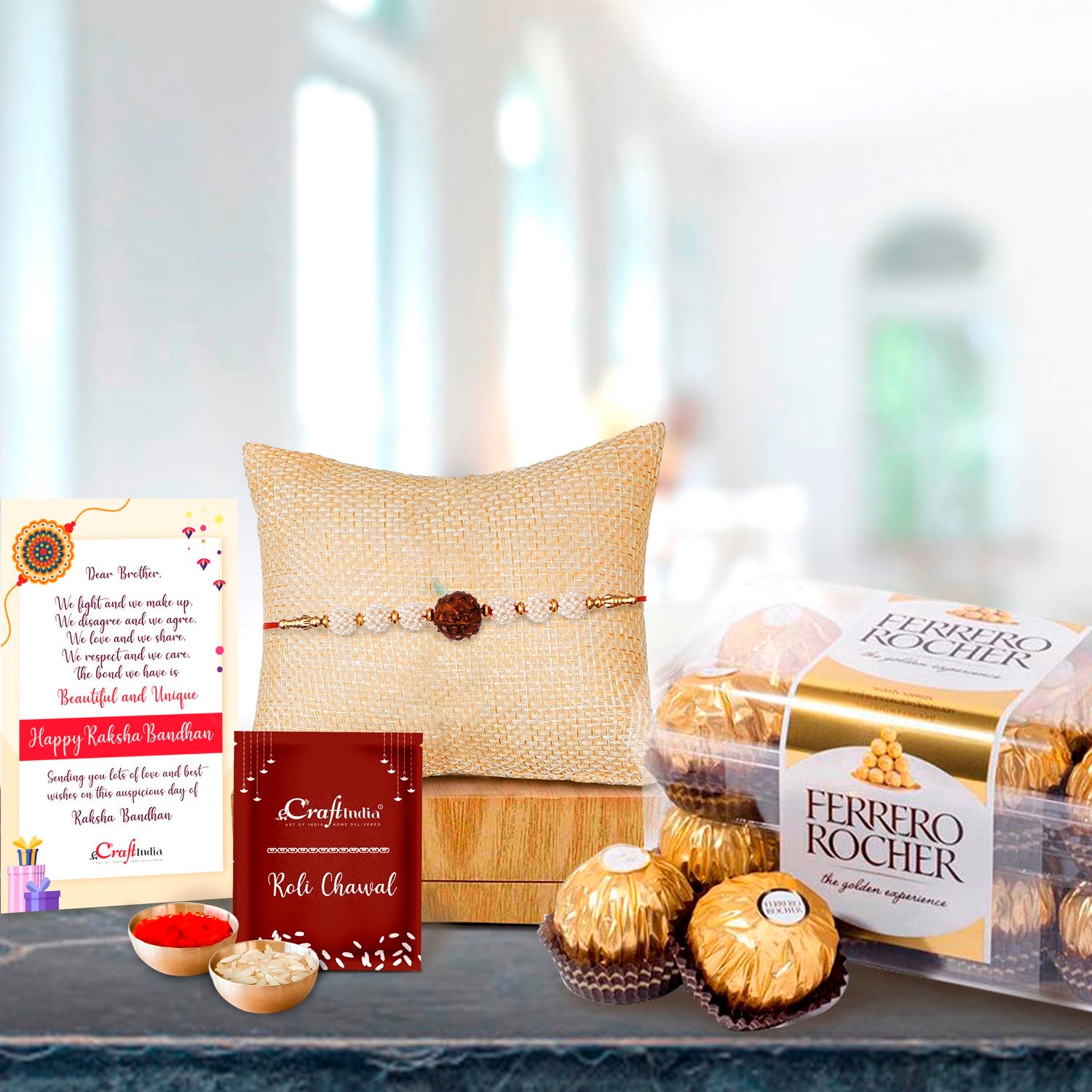 Rudraksh Rakhi with Ferrero Rocher (16 pcs) and Roli Chawal Pack, Best Wishes Greeting Card