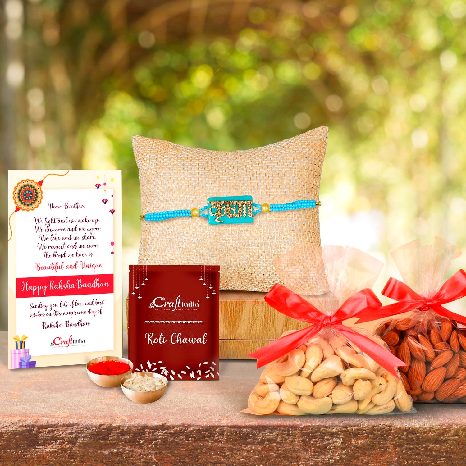 Designer Stone Krishna Rakhi with Badam and Cashew (200 gm each, total 400 gm) and Roli Chawal Pack, Best Wishes Greeting Card