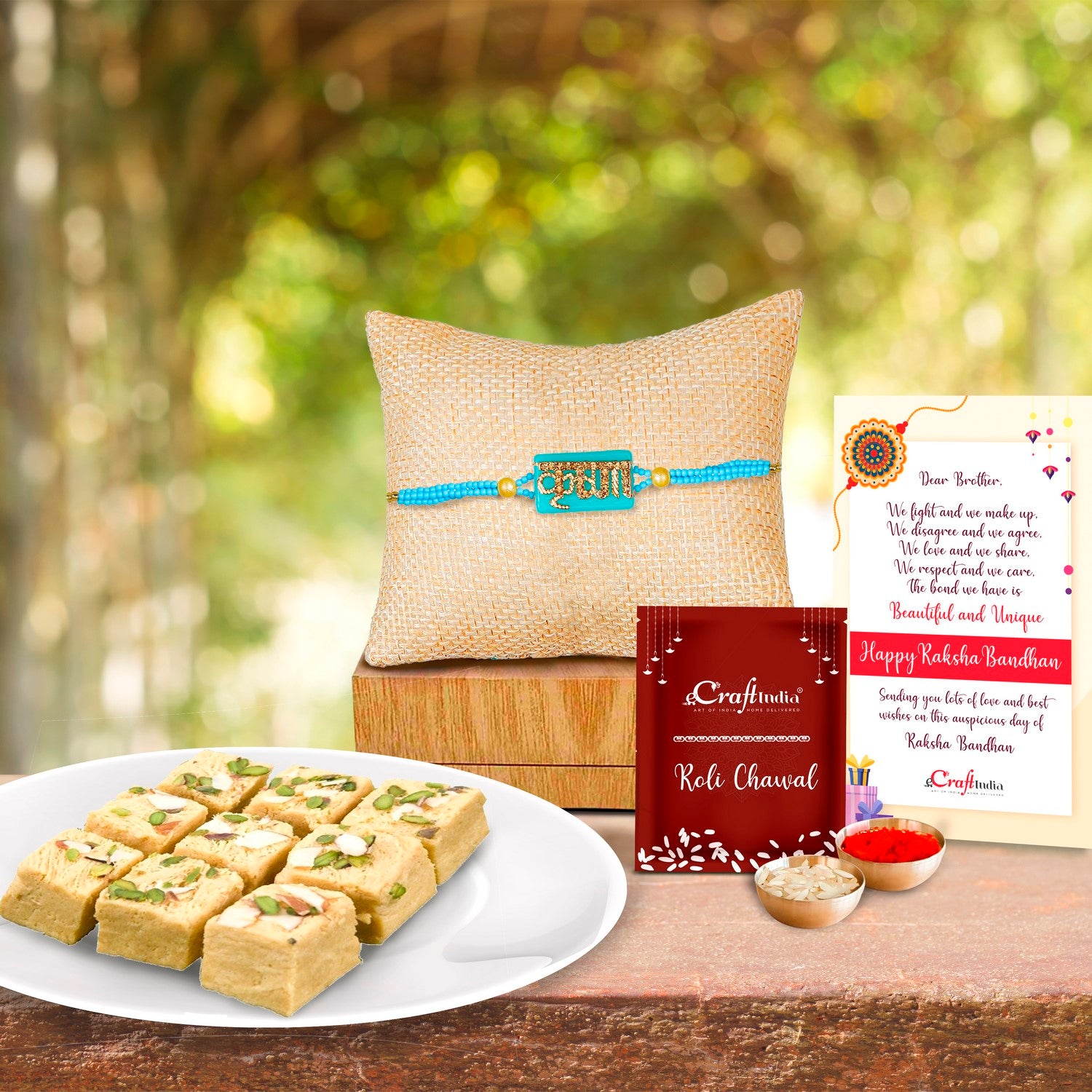 Designer Stone Krishna Rakhi with Soan Papdi (500 Gm) and Roli Chawal Pack, Best Wishes Greeting Card