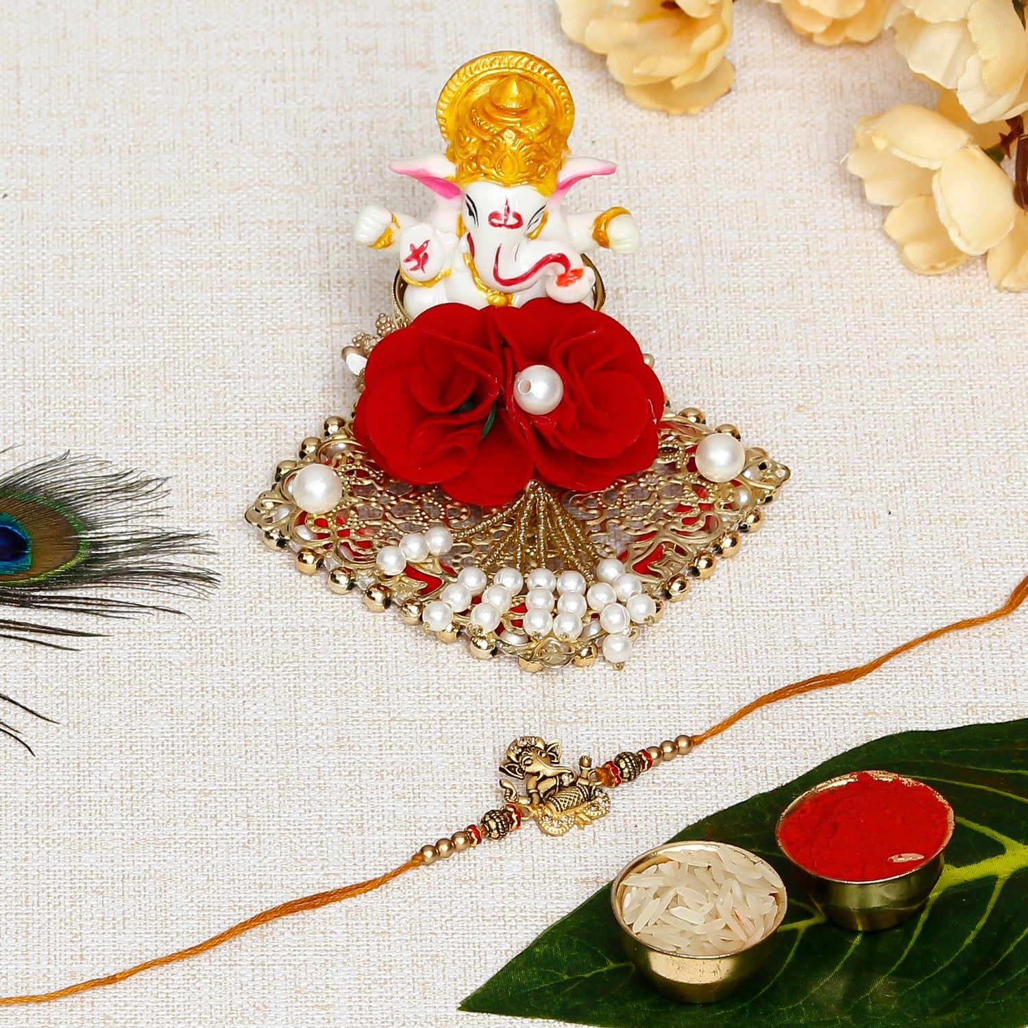 Designer Ganesha Playing Dholak Rakhi with Lord Ganesha Idol on Decorative Plate for Car & Home and Roli Chawal Pack