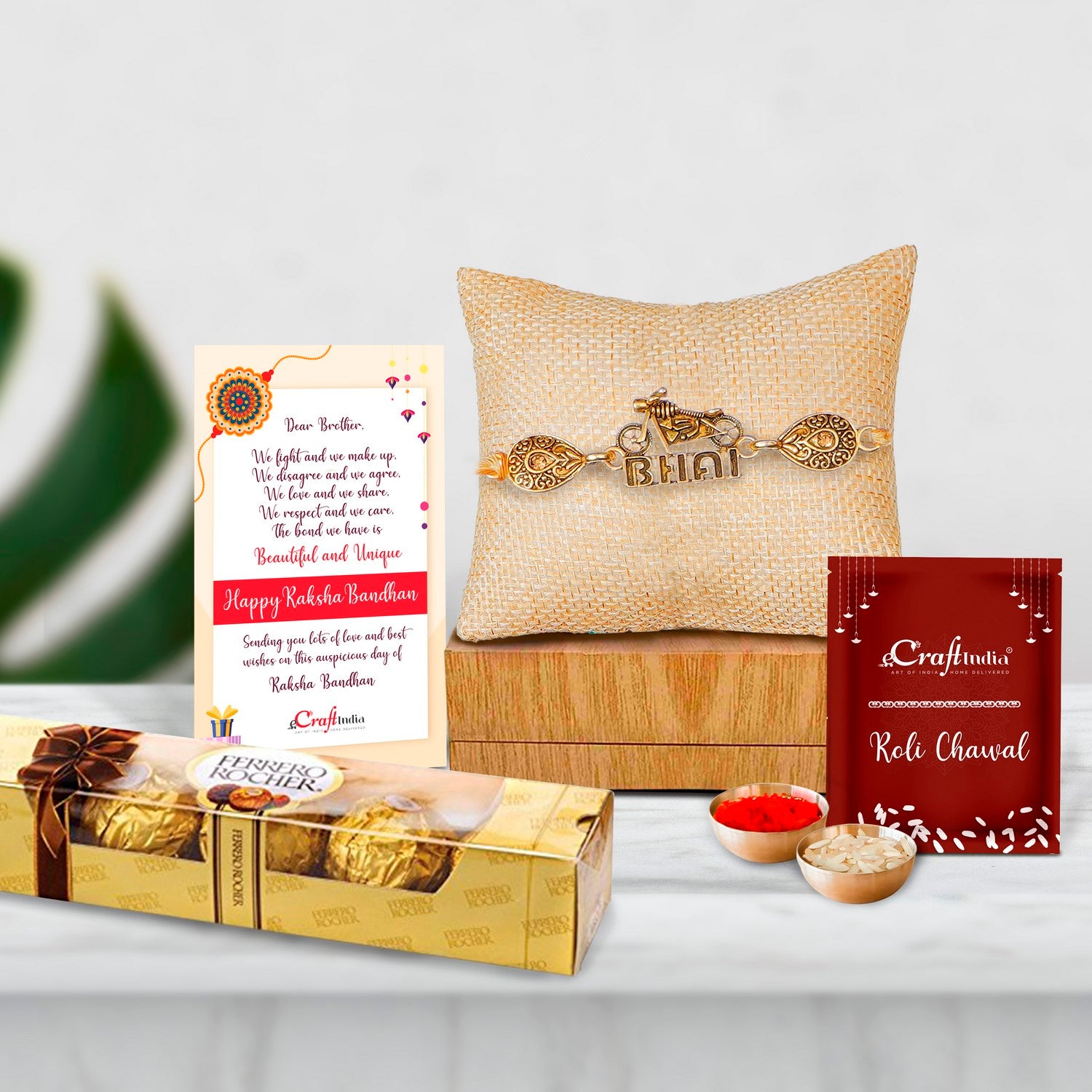 Designer Bike Bhai Rakhi with Ferrero Rocher (4 pcs) and Roli Chawal Pack, Best Wishes Greeting Card